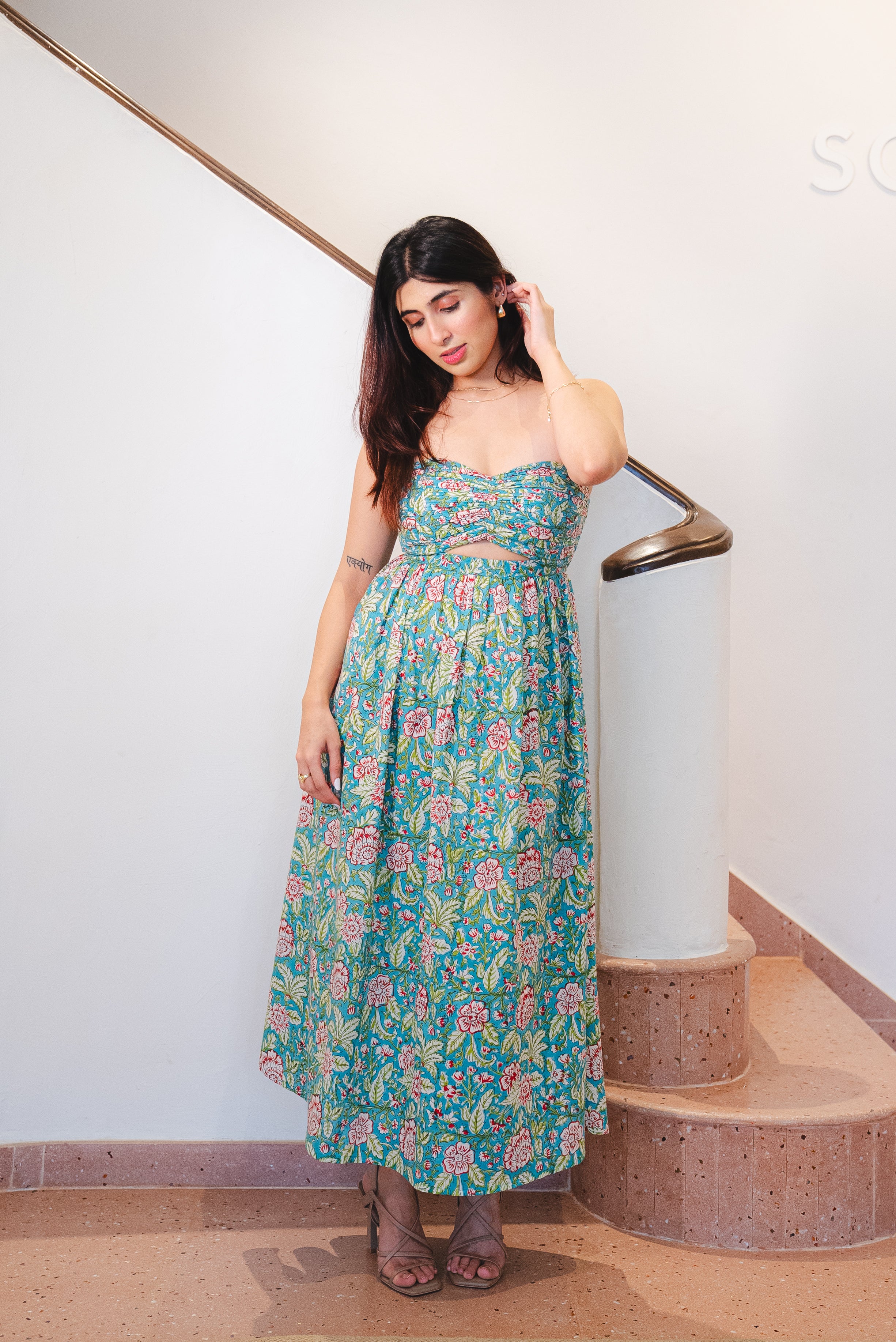 Green Tropical Floral Print Cotton Tube Dress with Pocket SpringSummer'24