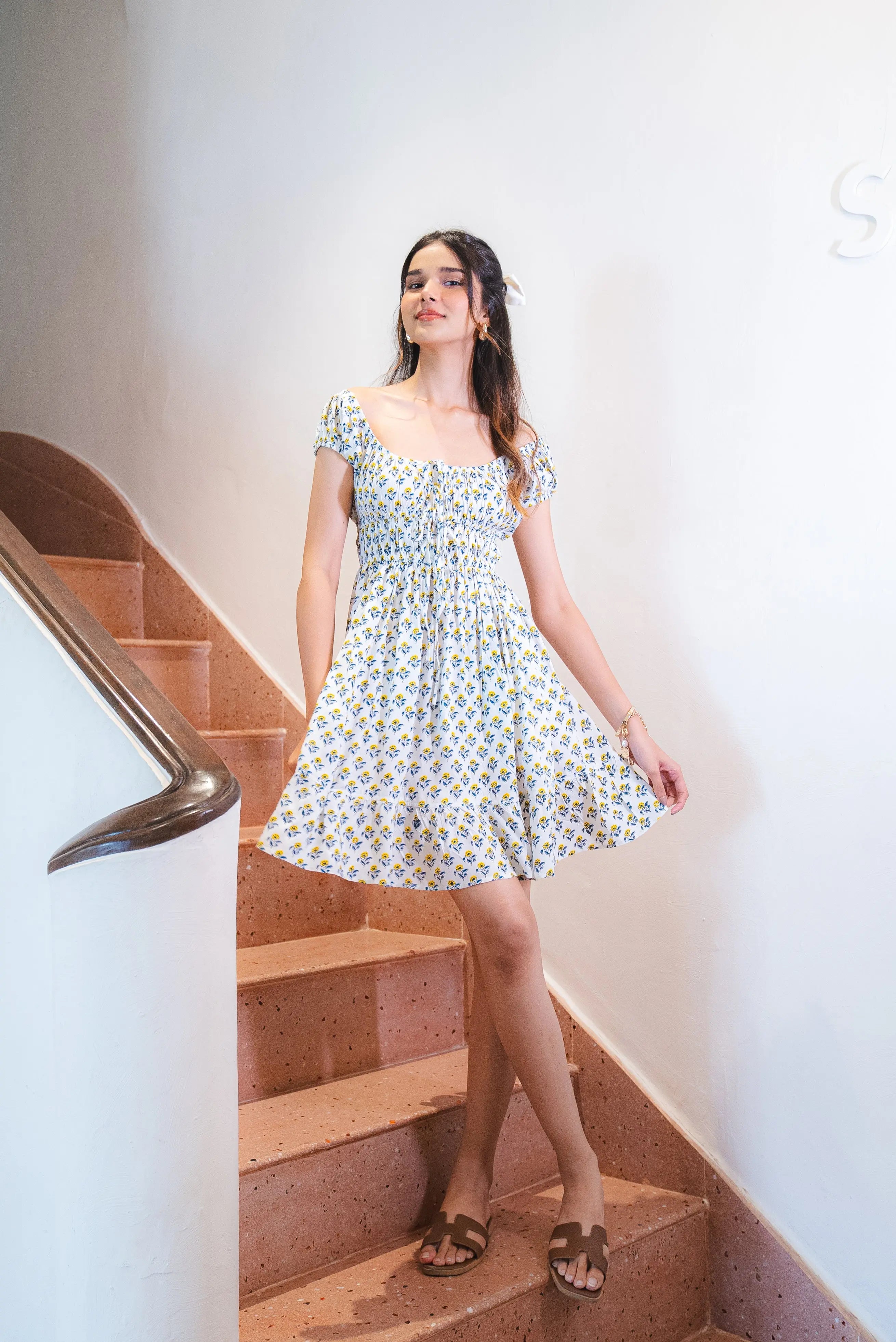 White and Yellow Floral Flowy Short Dress - AMARAA White and Yellow Floral Flowy Short Dress - AMARAA