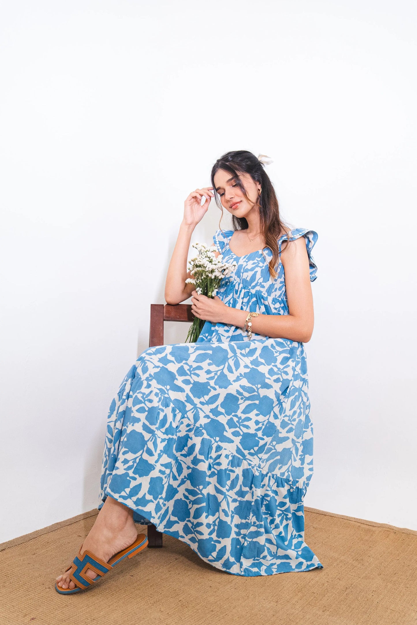 Powder Blue Floral Hand-Block Printed Cotton Maxi Dress with Pocket SpringSummer'24