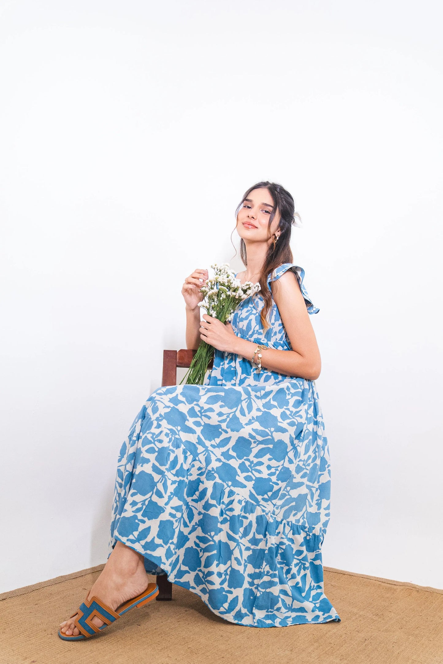 Powder Blue Floral Hand-Block Printed Cotton Maxi Dress with Pocket SpringSummer'24