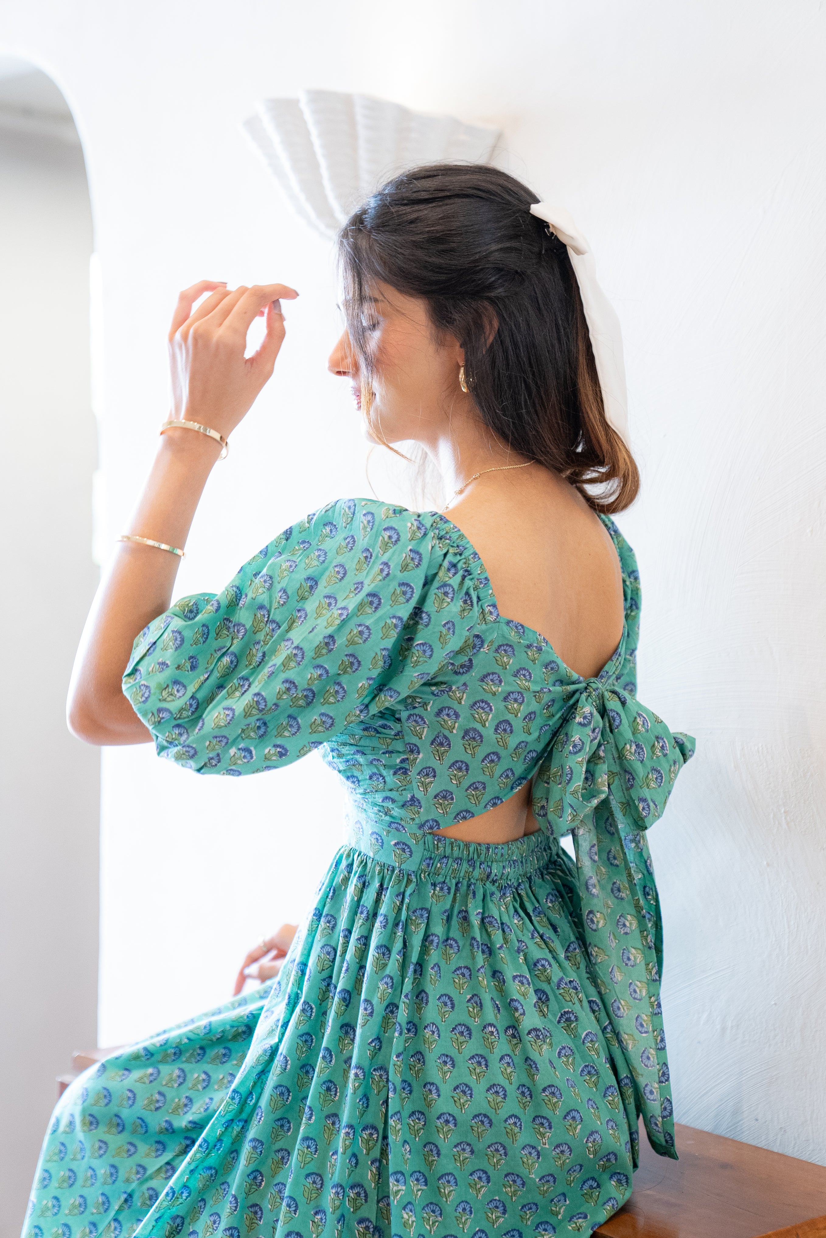 Green and Blue Floral Maxi Dress in Cotton with Sleeves with Pocket