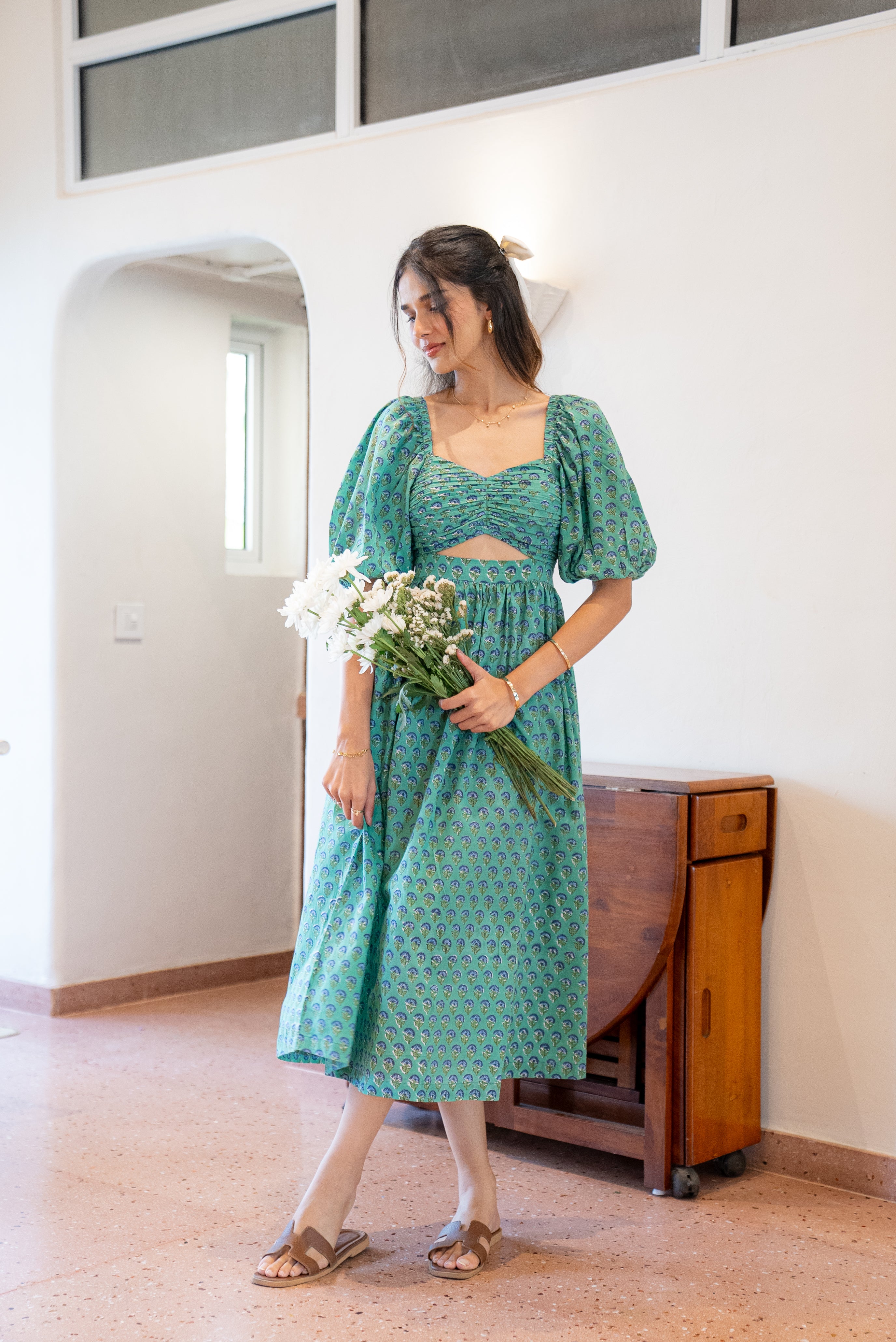 Green and Blue Floral Maxi Dress in Cotton with Sleeves with Pocket
