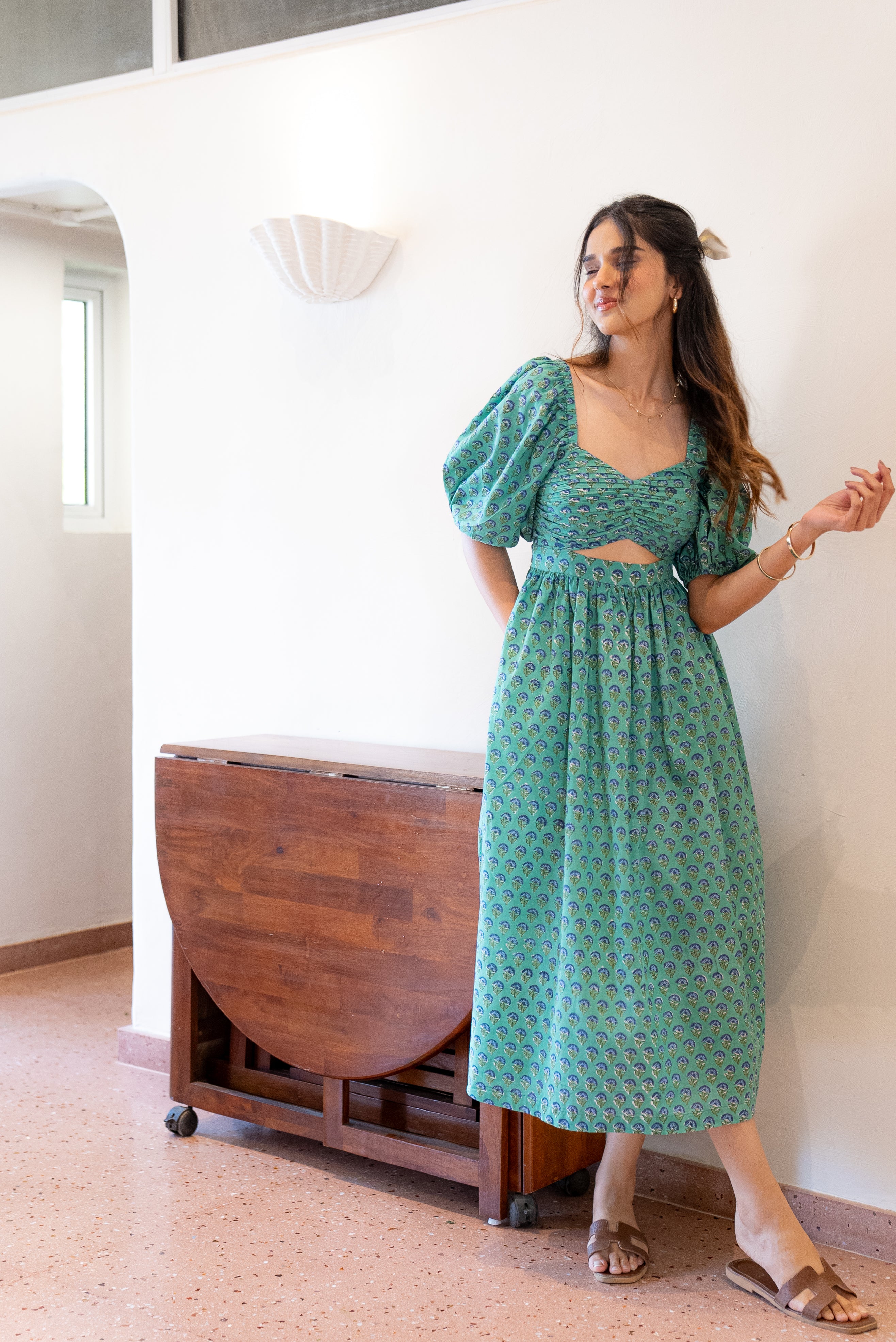 Green and Blue Floral Maxi Dress in Cotton with Sleeves with Pocket