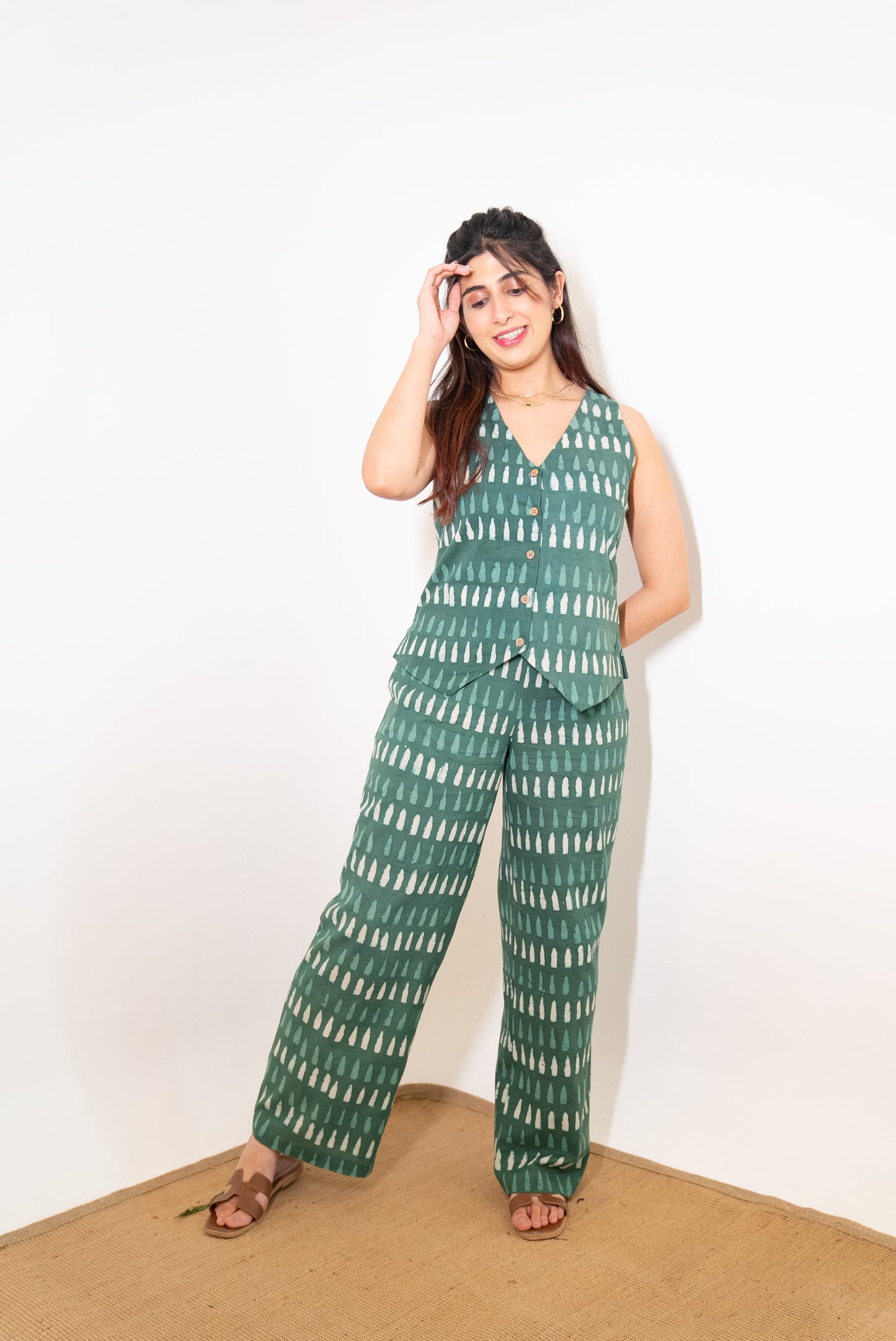Green Vest and Pant Cotton Hand-Block Set SpringSummer'24