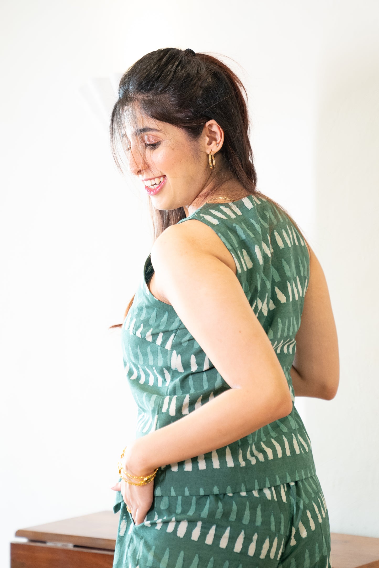 Green Vest and Pant Cotton Hand-Block Set SpringSummer'24