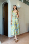Yellow & Blue Floral Hand-Printed Cotton Maxi Dress