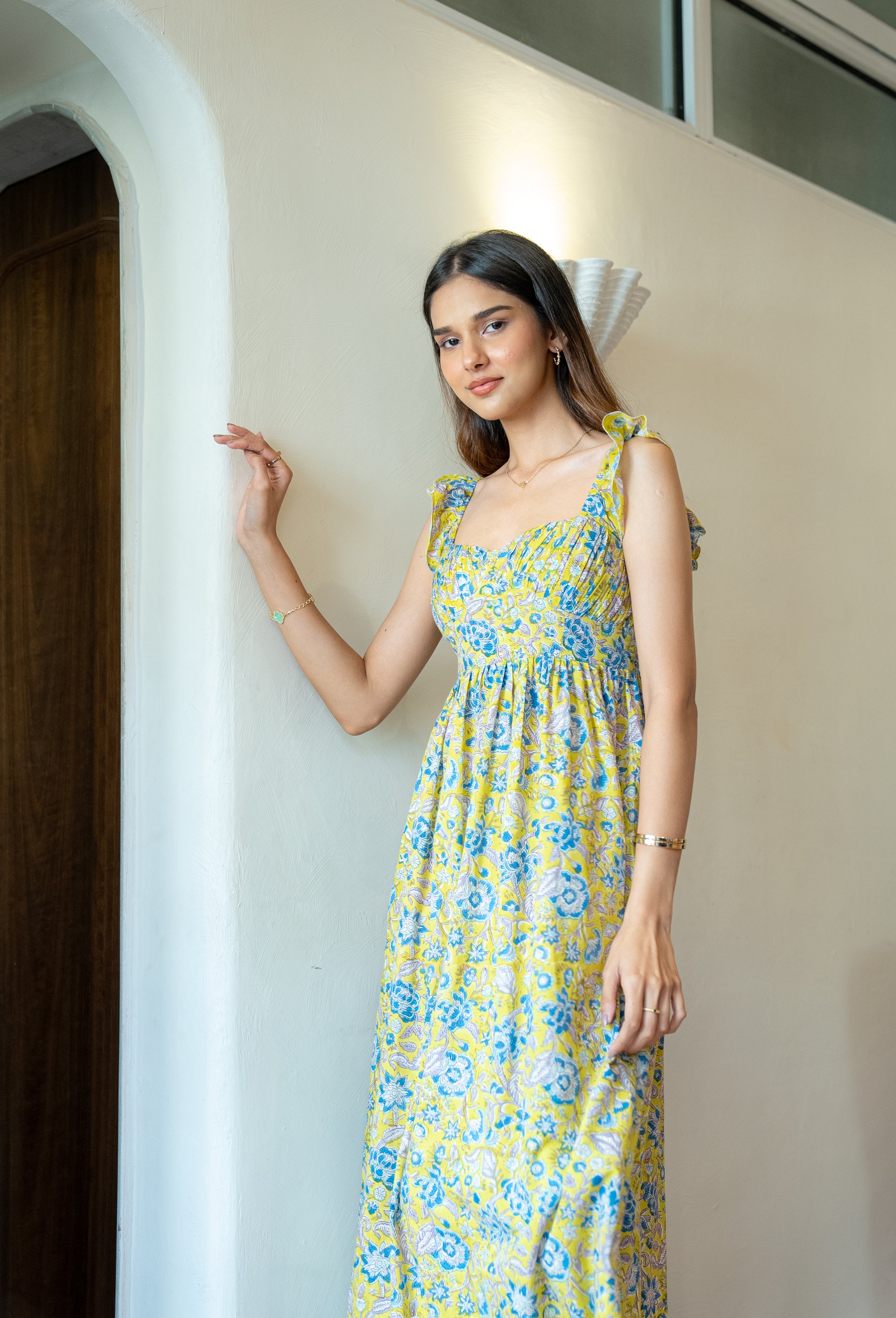 Yellow and Blue Floral Hand-Printed Cotton Maxi Dress with Pocket