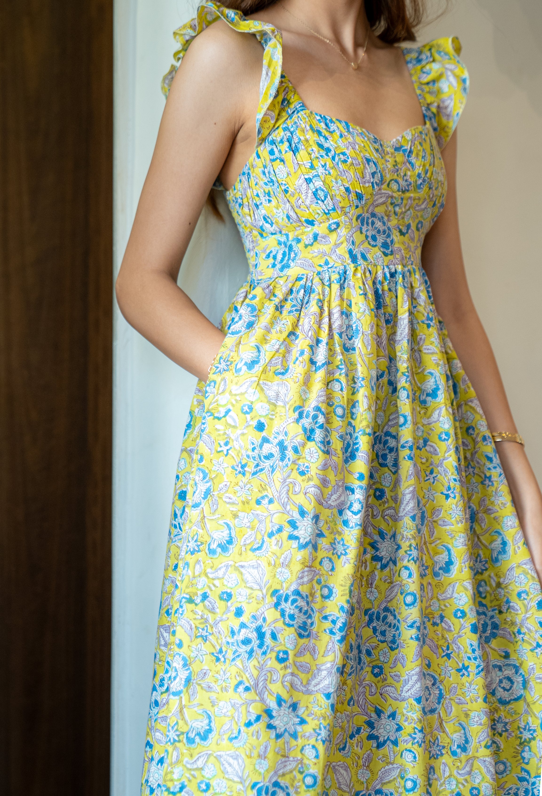Yellow and Blue Floral Hand-Printed Cotton Maxi Dress with Pocket