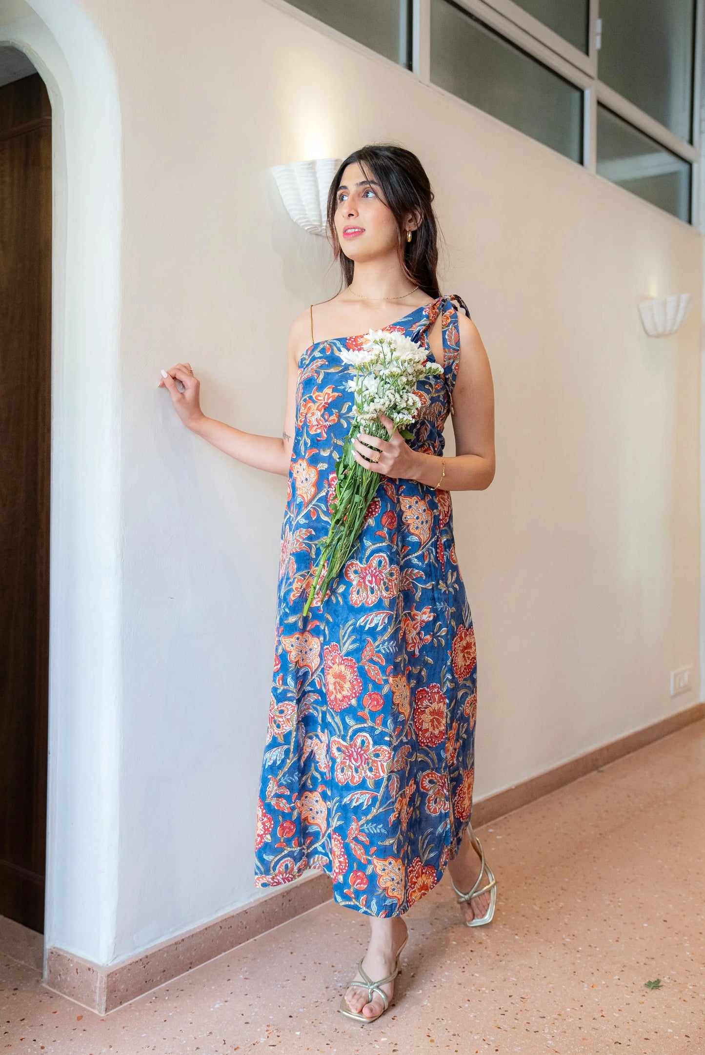 One Shoulder Tie Up A-Line Cotton Maxi Dress AMARAA