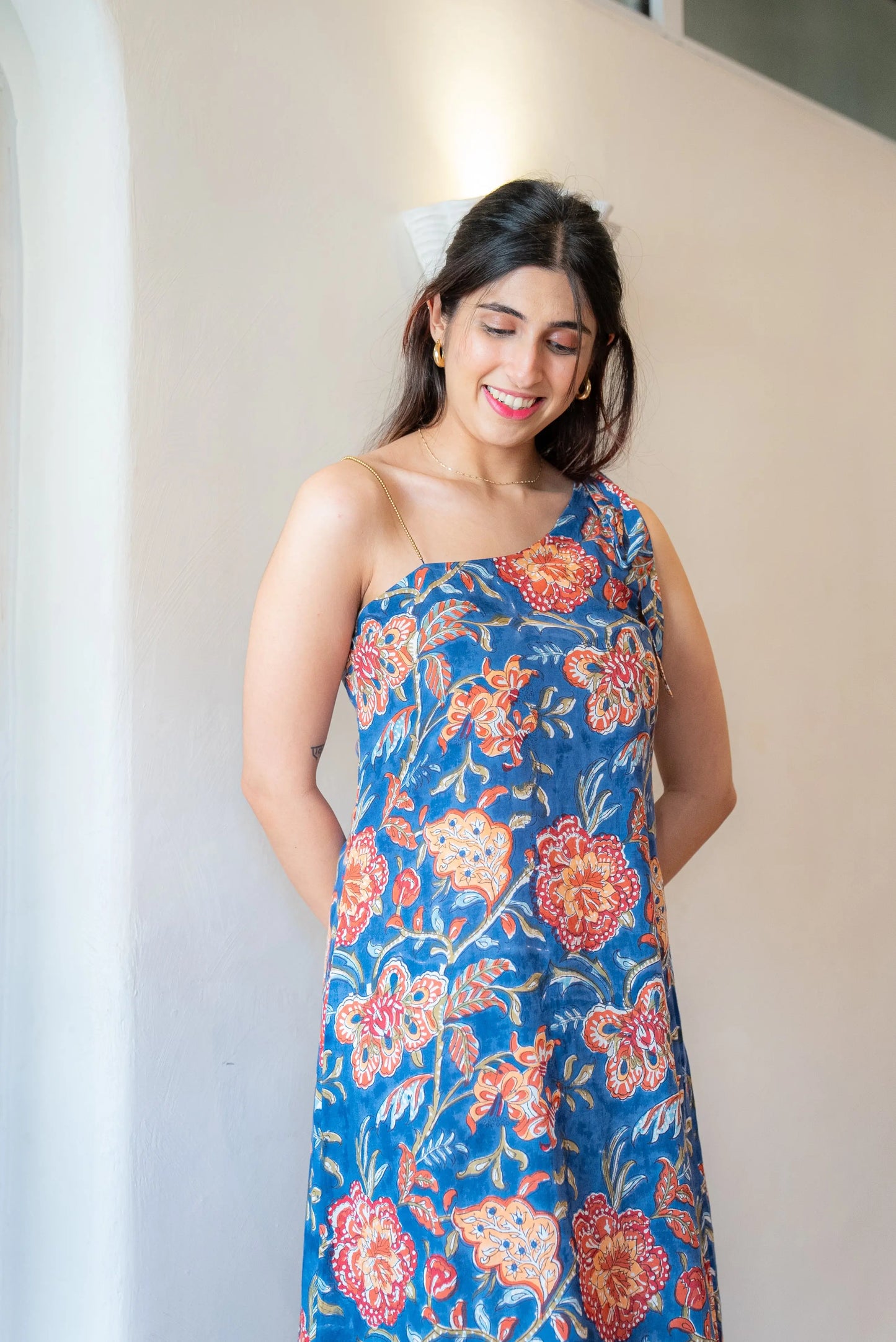 One Shoulder Tie Up A-Line Cotton Maxi Dress AMARAA