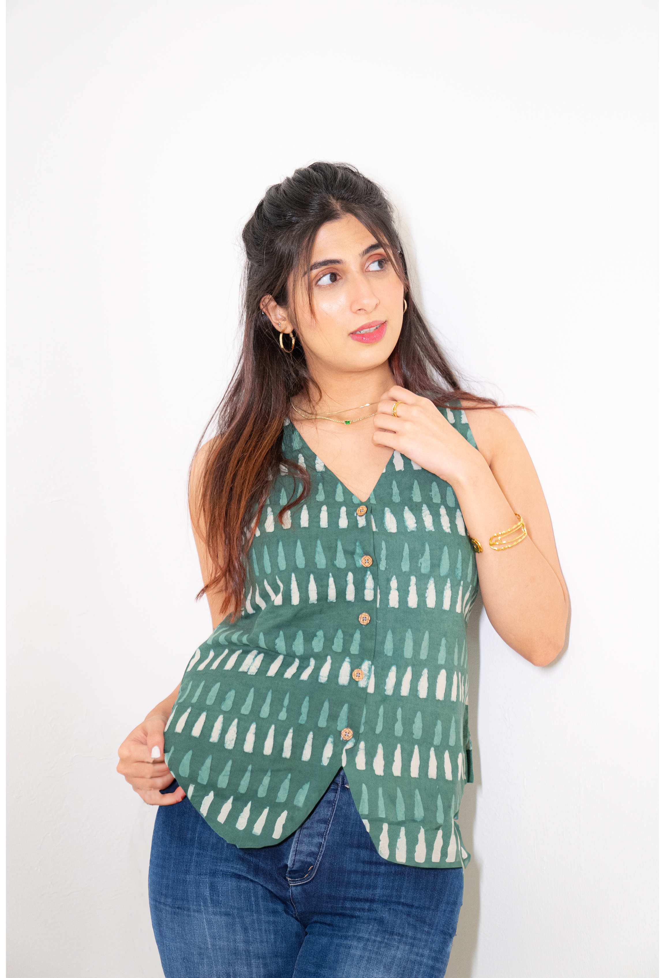 V-Neck Green Hand Block Printed Sleeveless Vest