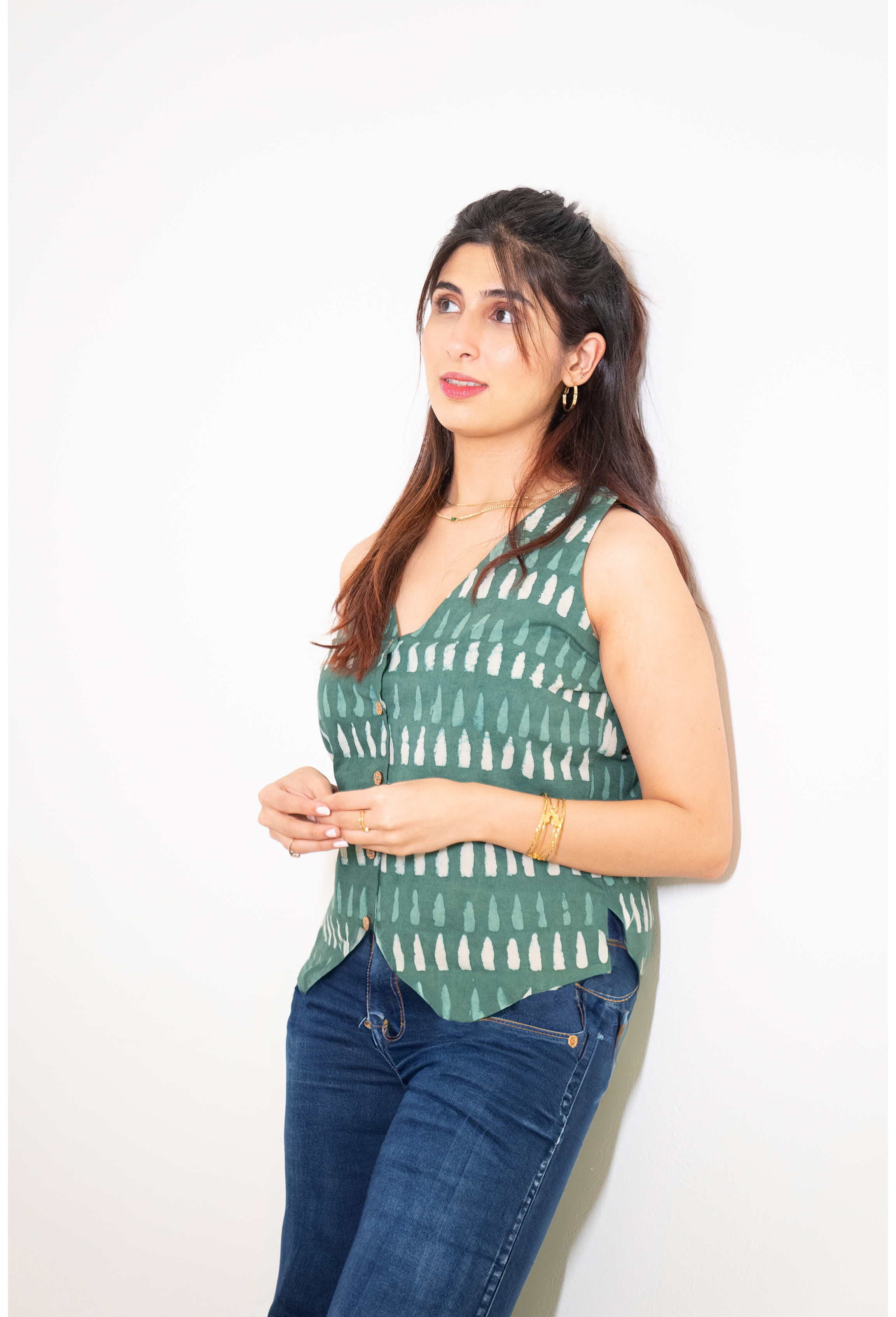 V-Neck Green Hand Block Printed Sleeveless Vest