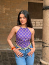 Purple and Green Floral Reversible Top with Back Tie-Up & Lace Detailing