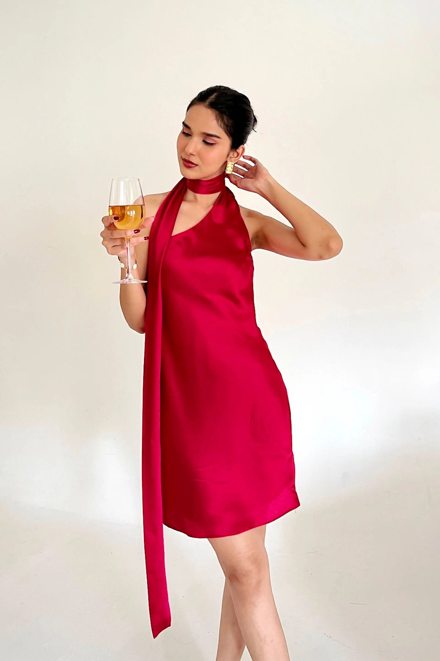 Irum One Shoulder Hot Pink Short Scarf Dress Valentines Day Collection