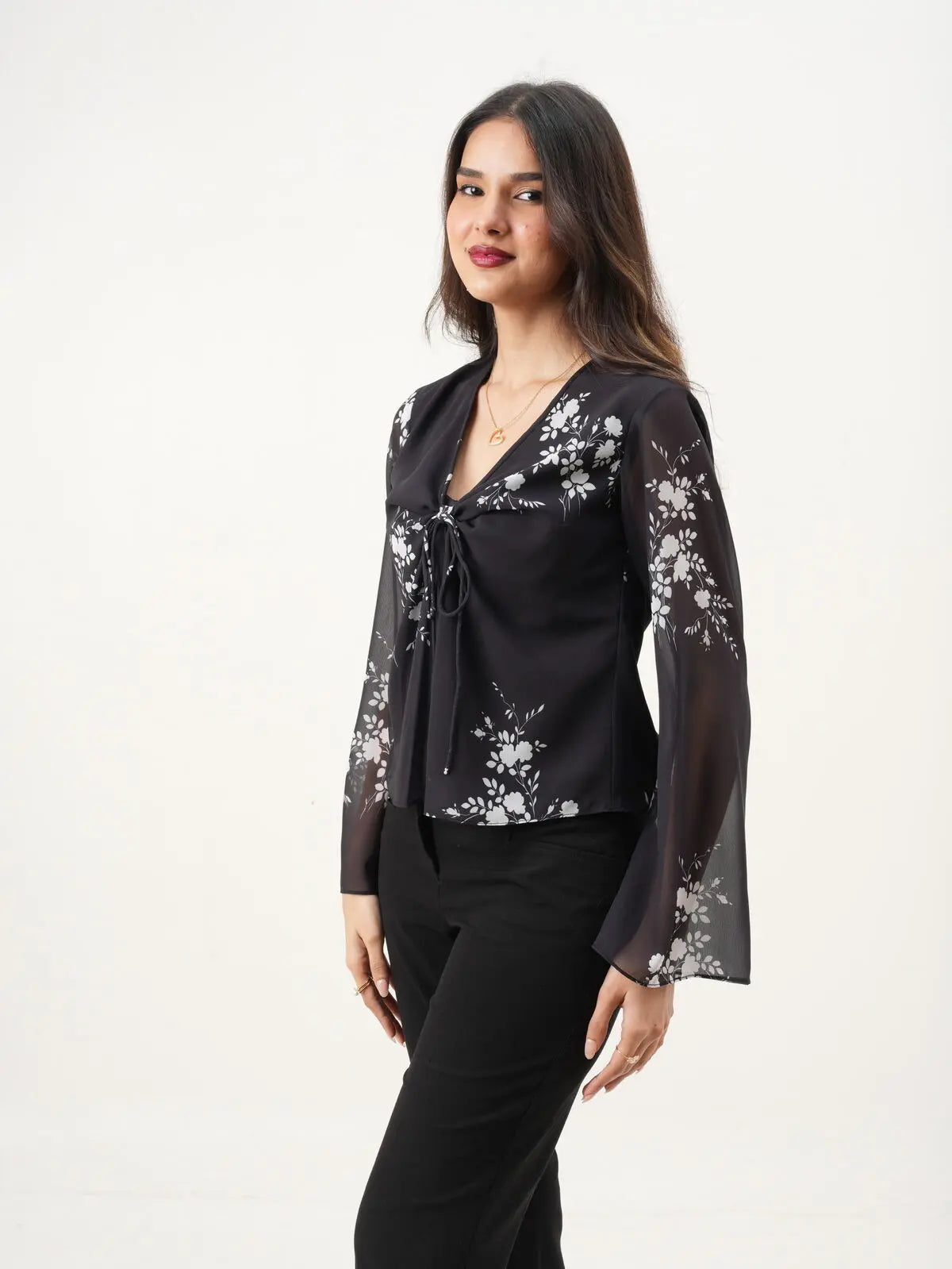 Black & White Floral Printed V-Neck Loose Fit Top with Bell Sleeves New Years Eve Collection