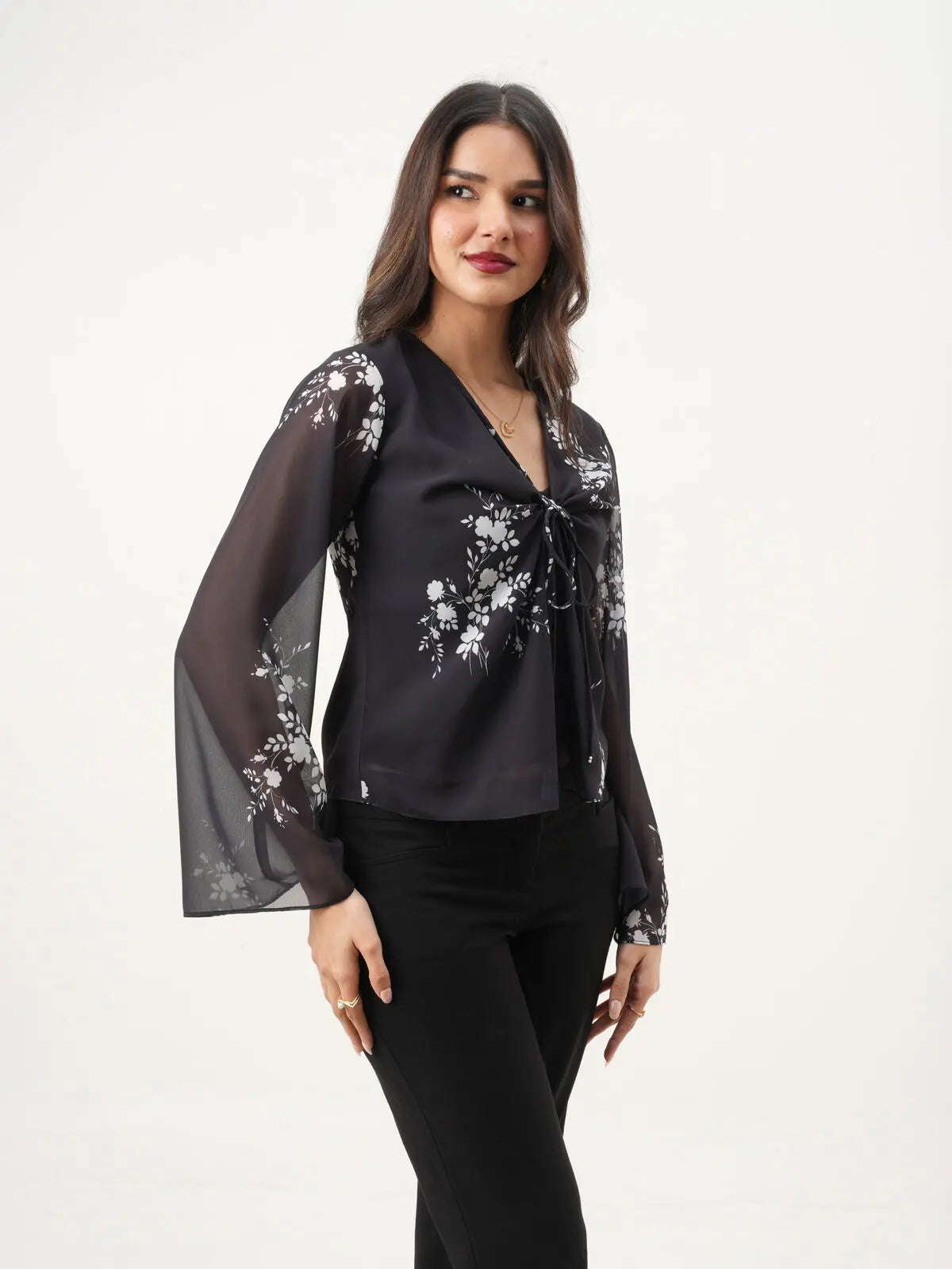 Black & White Floral Printed V-Neck Loose Fit Top with Bell Sleeves New Years Eve Collection