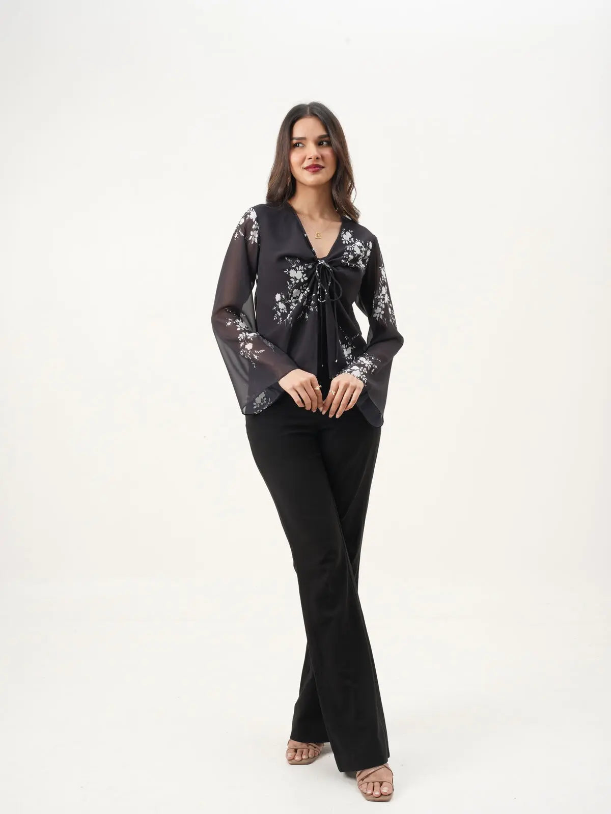 Black & White Floral Printed V-Neck Loose Fit Top with Bell Sleeves New Years Eve Collection