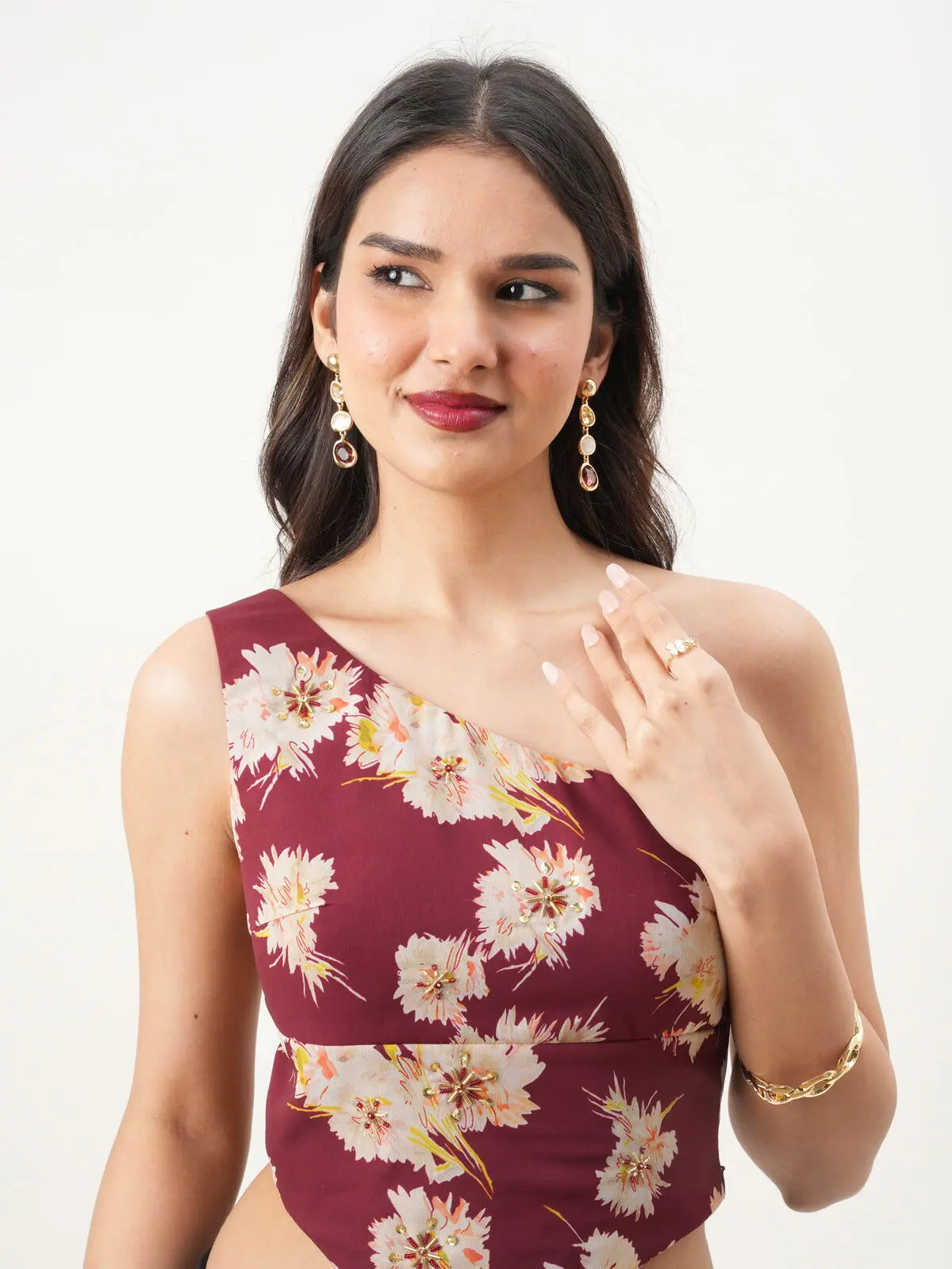 Maroon Red One-Shoulder Fitted Floral Top with Hand-Embroidery, Back Bow & Side Zipper New Years Eve Collection