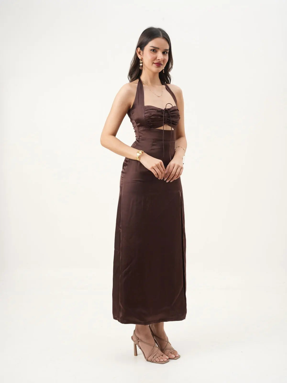 Deep Brown Sweetheart Halter Neck A-Fit Sleeveless Maxi Dress New Years Eve Collection