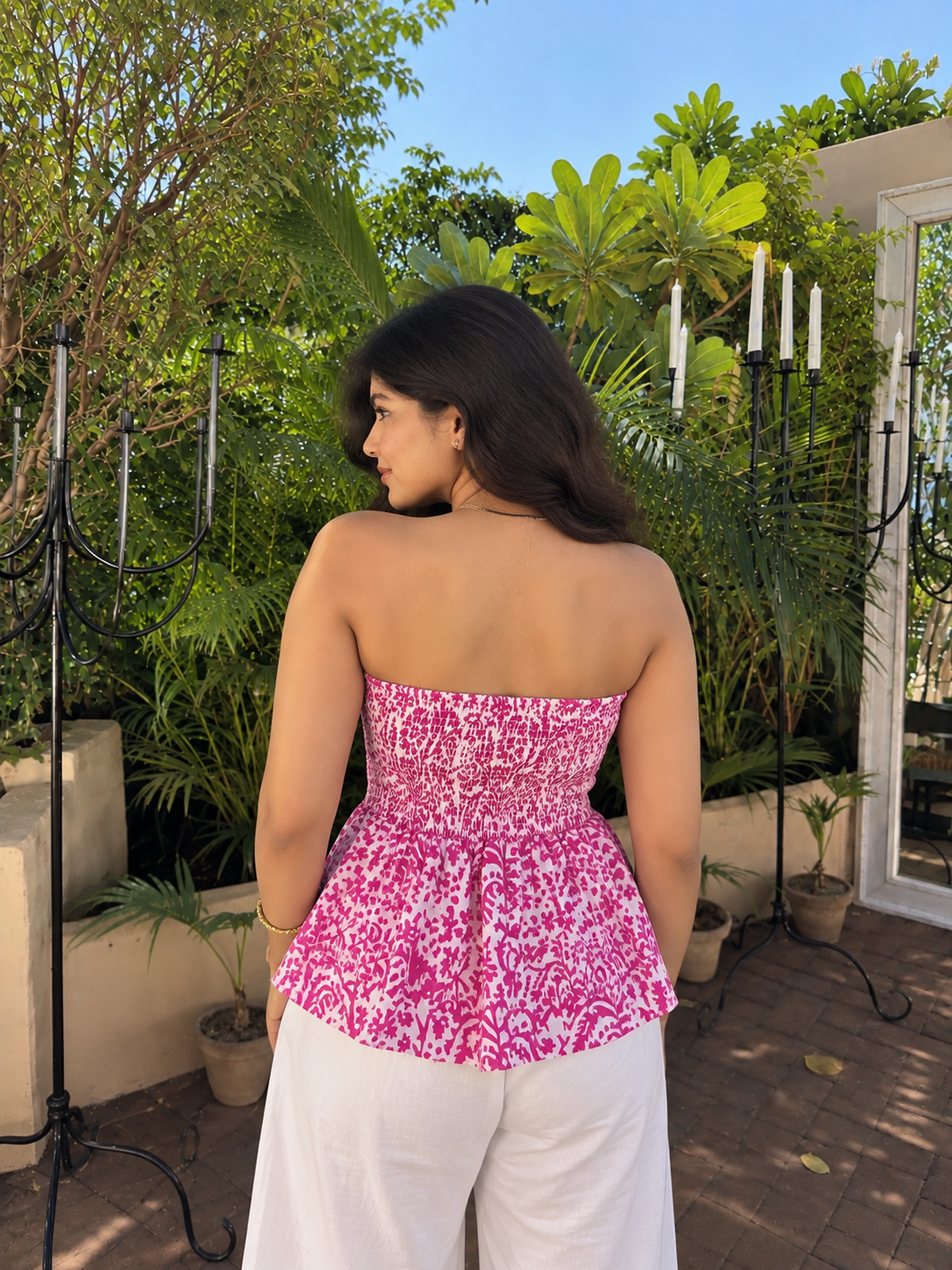 Pink And White Smocking Tube Top with Boho Lace