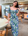 Blue & Green Tulip Floral Puff Sleeve Cotton Maxi Dress