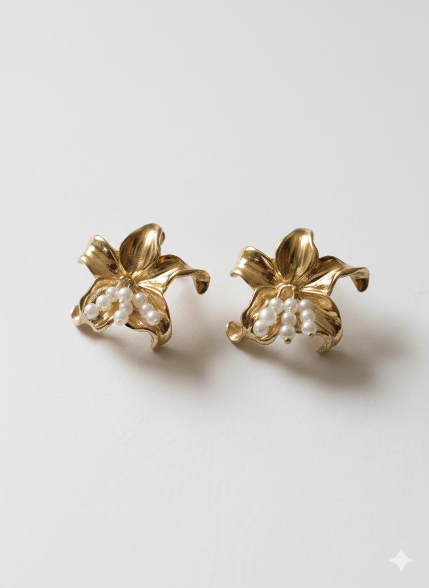 Gilded Orchid Studs with Pearl Accents NYE Jewellery