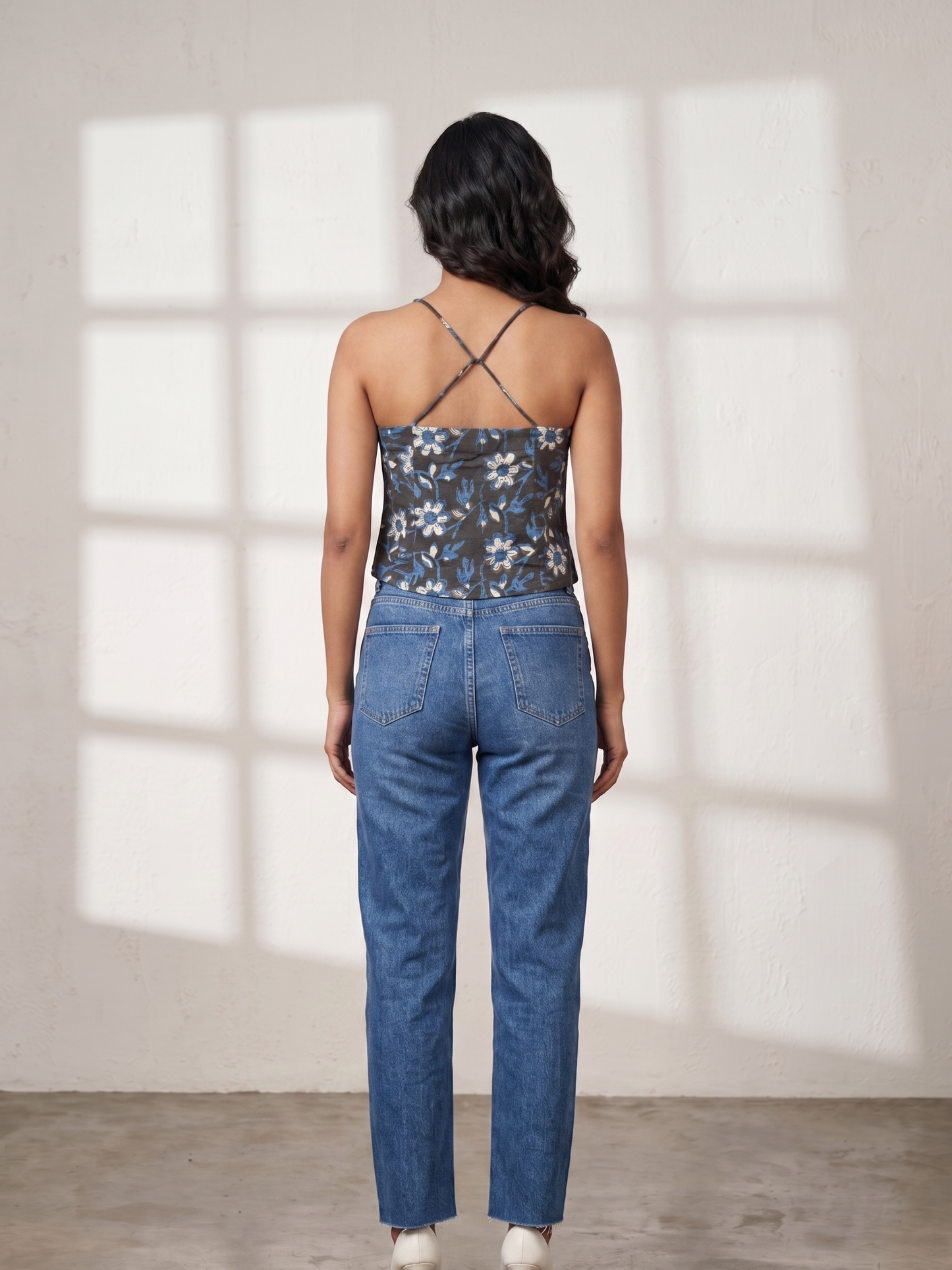 Black & Blue Block Printed Spaghetti Top with Coin Lace Detailing