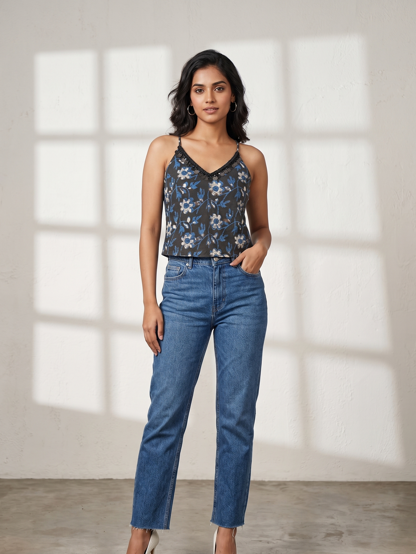 Black & Blue Block Printed Spaghetti Top with Coin Lace Detailing