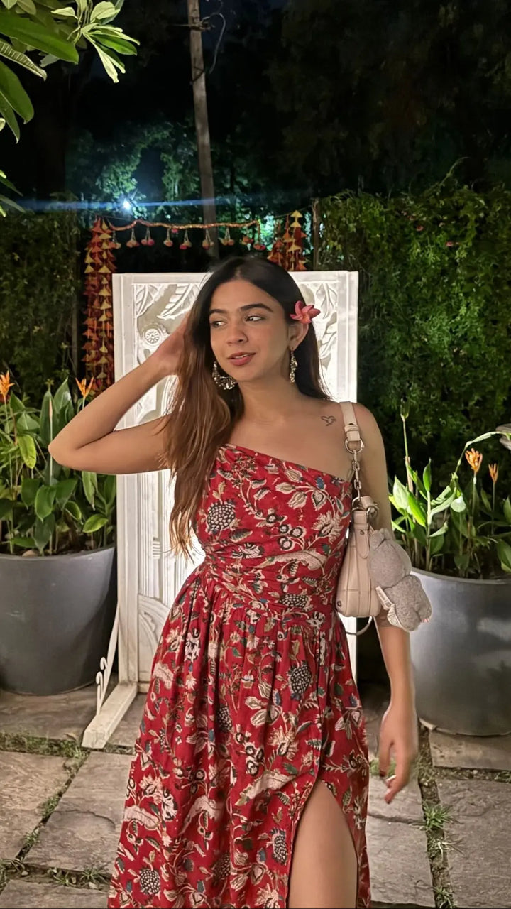 Red & Navy Blue Floral One-Shoulder Cotton Maxi Dress