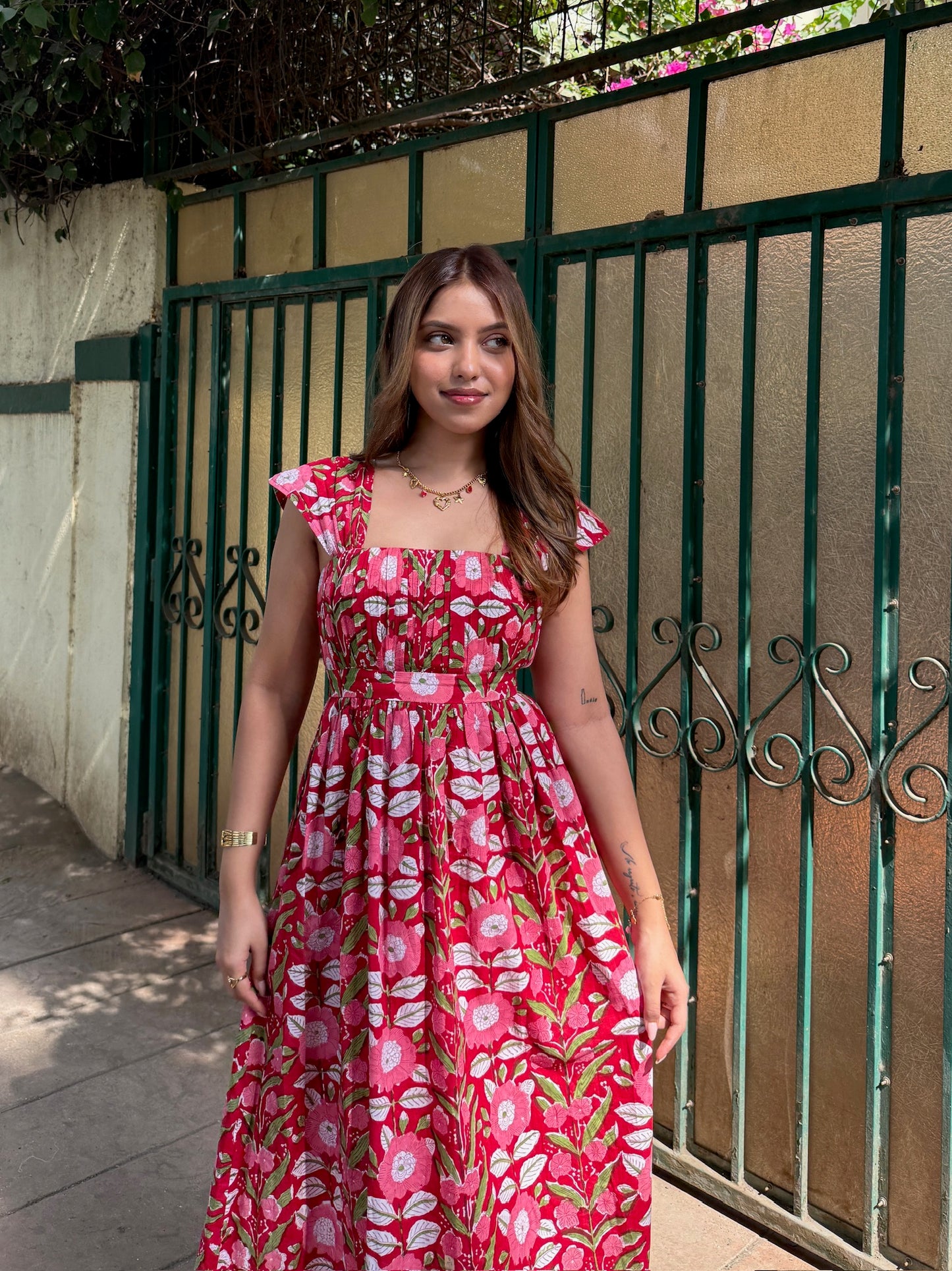 Red Floral Block Printed Cotton Fit & Flare Maxi Dress with Back Tie-Up