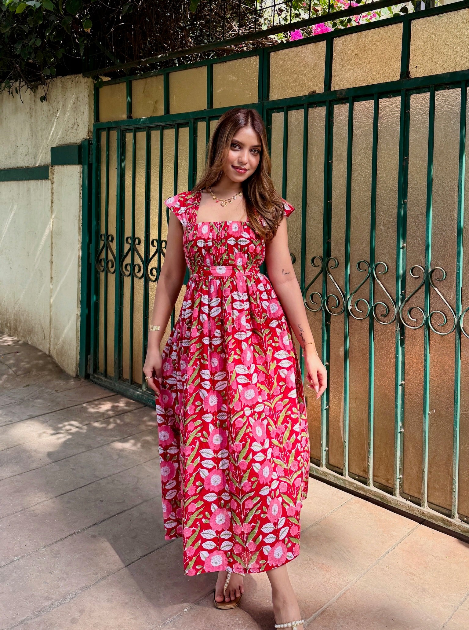 Red Floral Block Printed Cotton Fit & Flare Maxi Dress with Back Tie-U – AMARAA