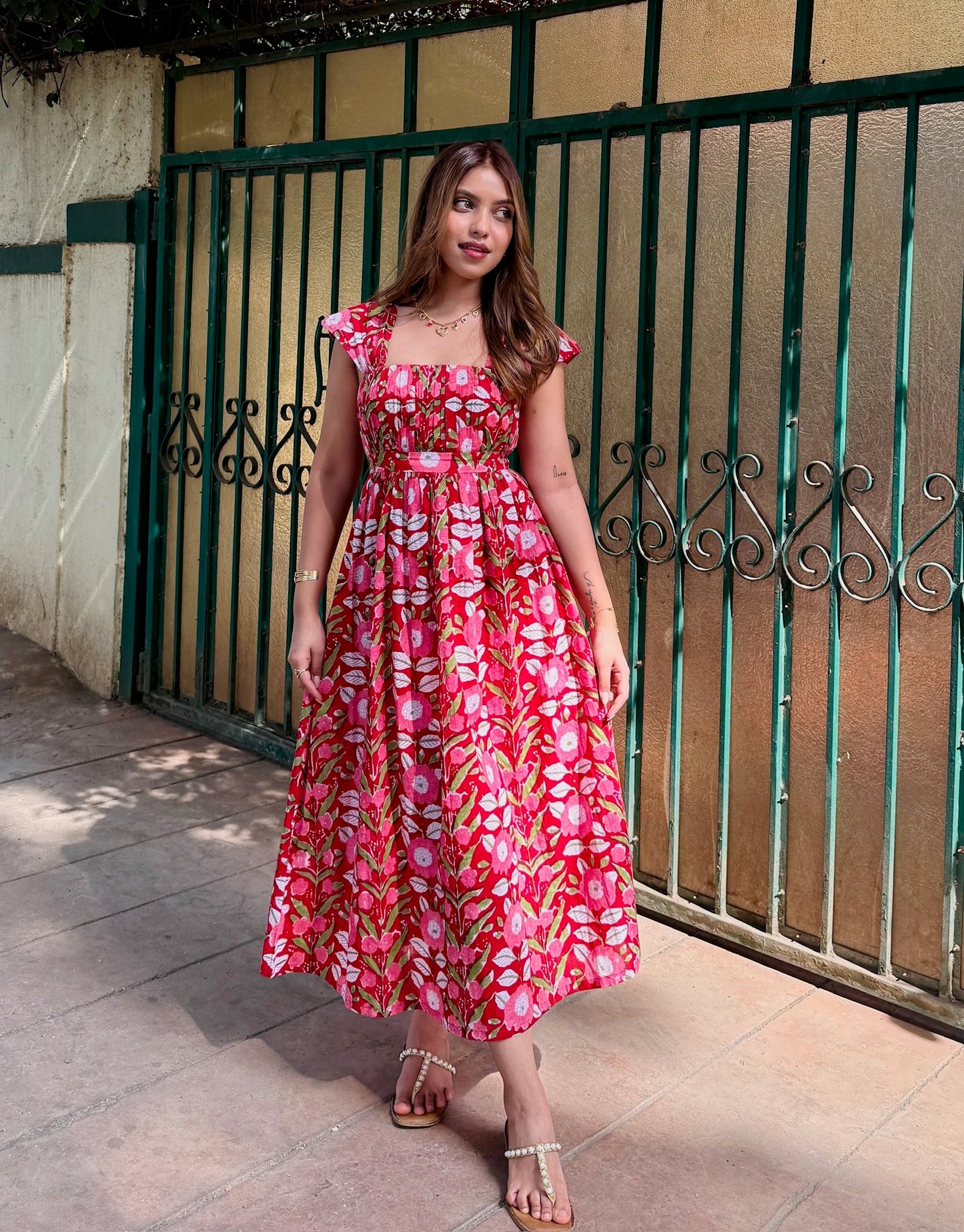 Red Floral Block Printed Cotton Fit & Flare Maxi Dress with Back Tie-Up