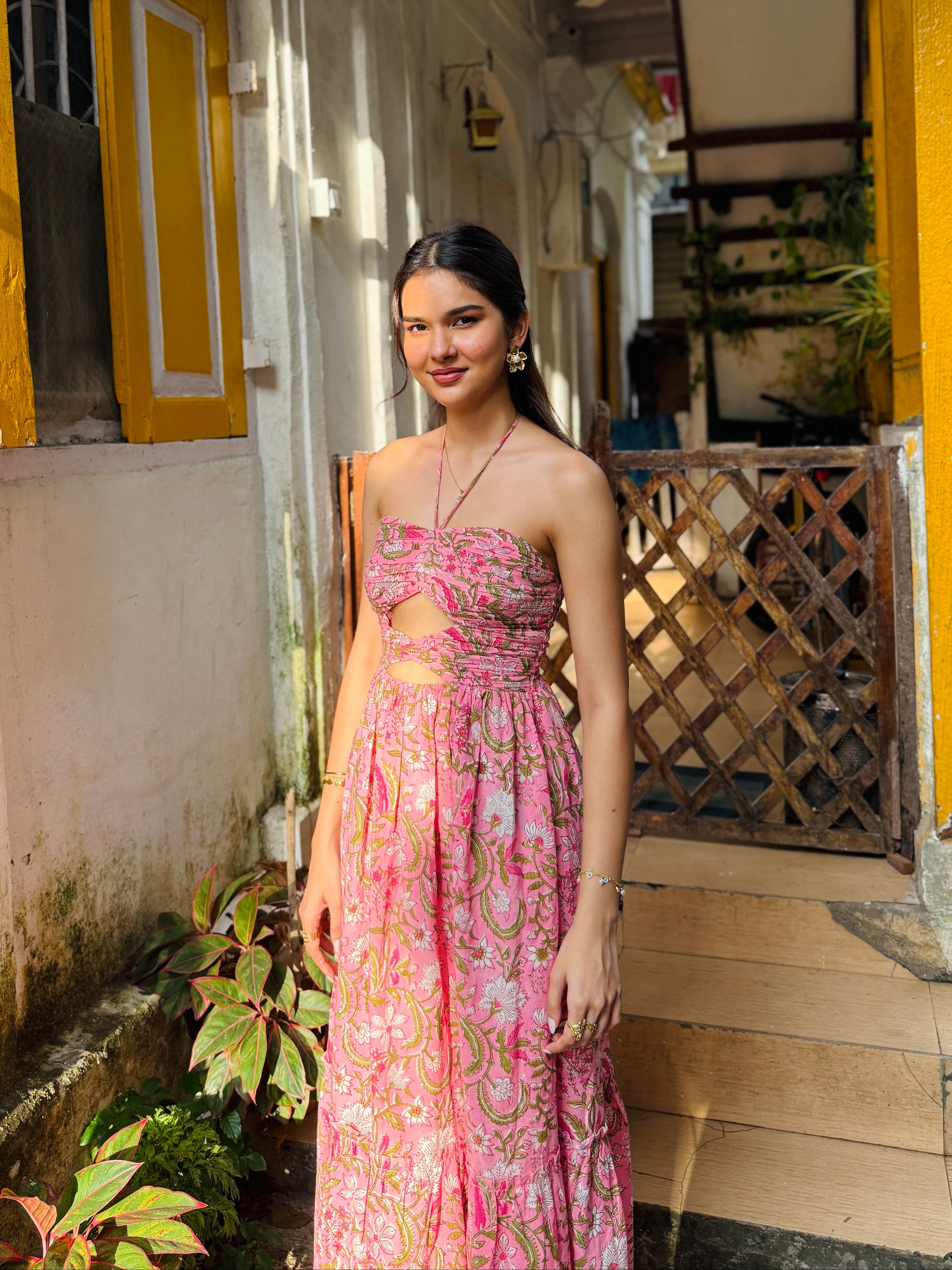 Pink and Green Floral Printed Maxi Dress with Front Cut-Outs Beat the October Heat