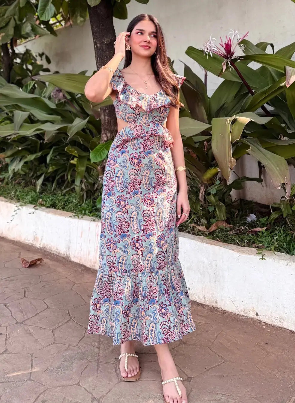 Sky Blue Paisley Cotton Maxi Dress with Waist Cutout & Frill Detailing AMARAA