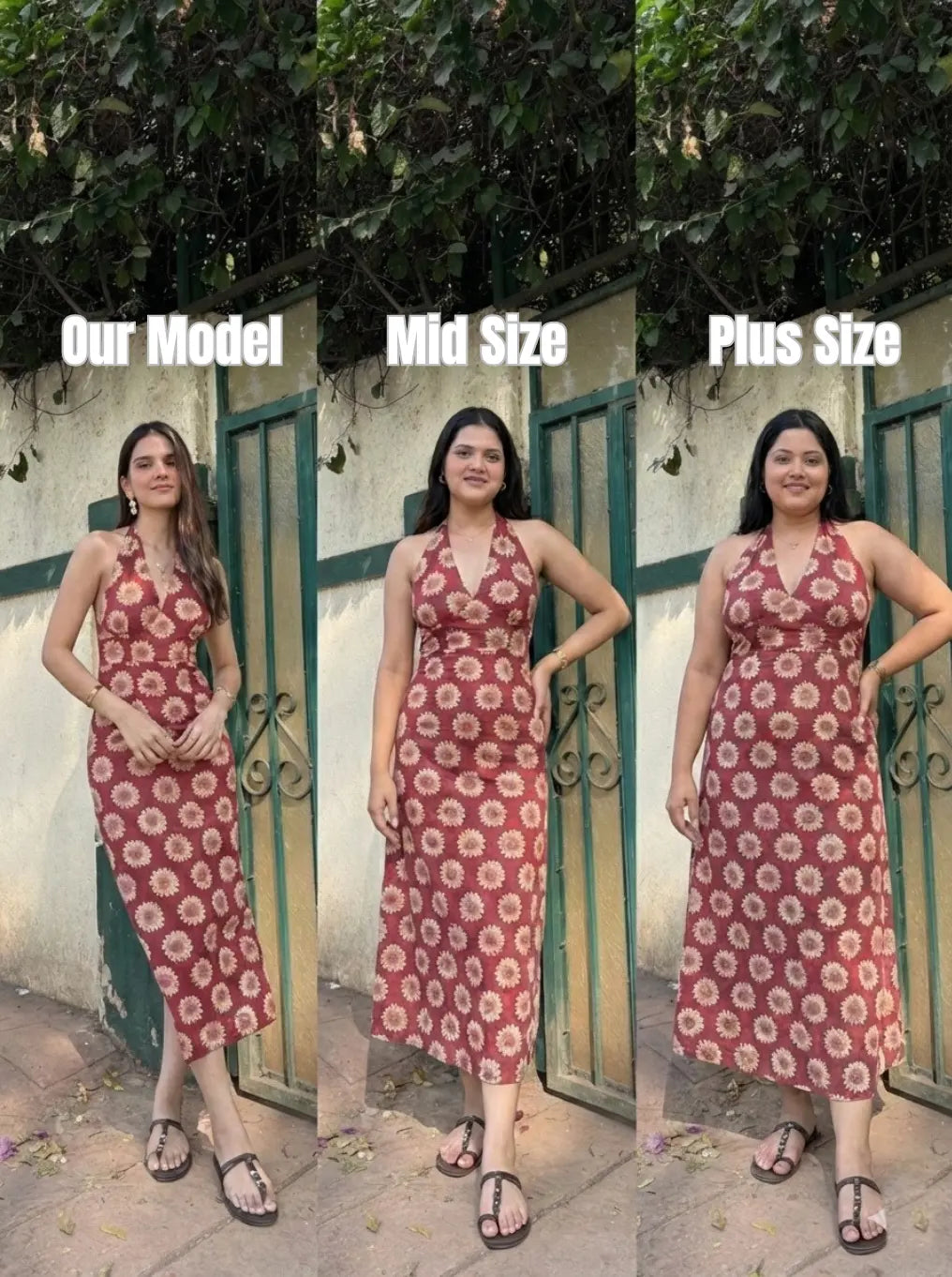 Maroon Red Sunflower Halter Neck Cotton Maxi Dress with Back Tie Up Detailing AMARAA