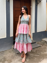 Pink & Green Floral Stripe Cotton Maxi Dress with Tie-Up & Back Smocking