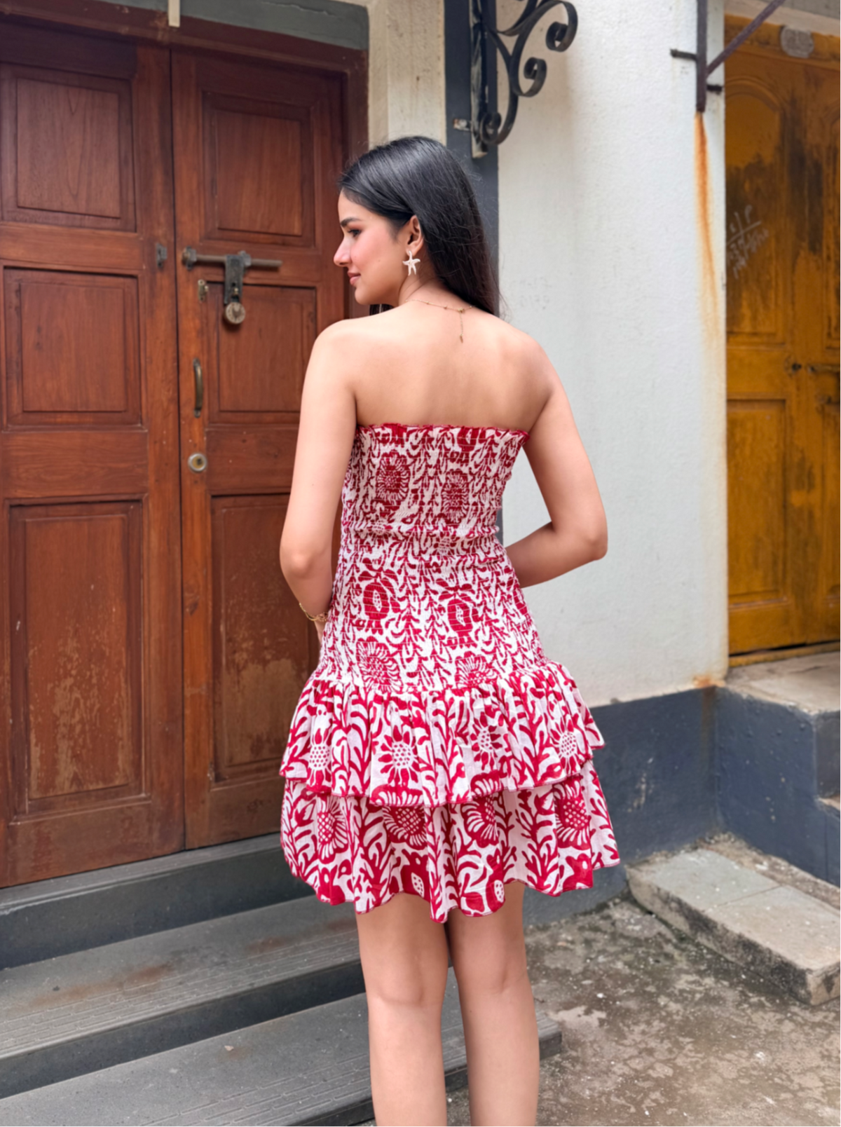 Red & White Floral Cotton Smocked Tiered Tube Dress