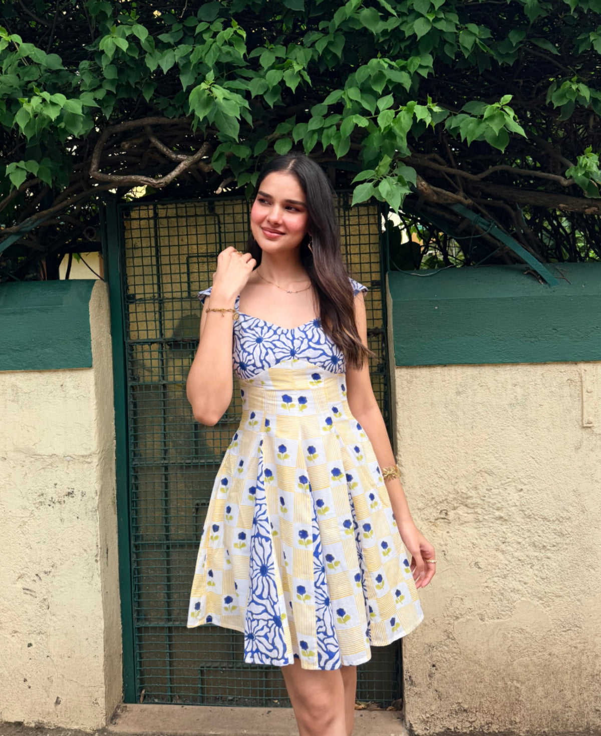 Yellow & Blue Floral Geometric Print Short Dress with Side Zipper