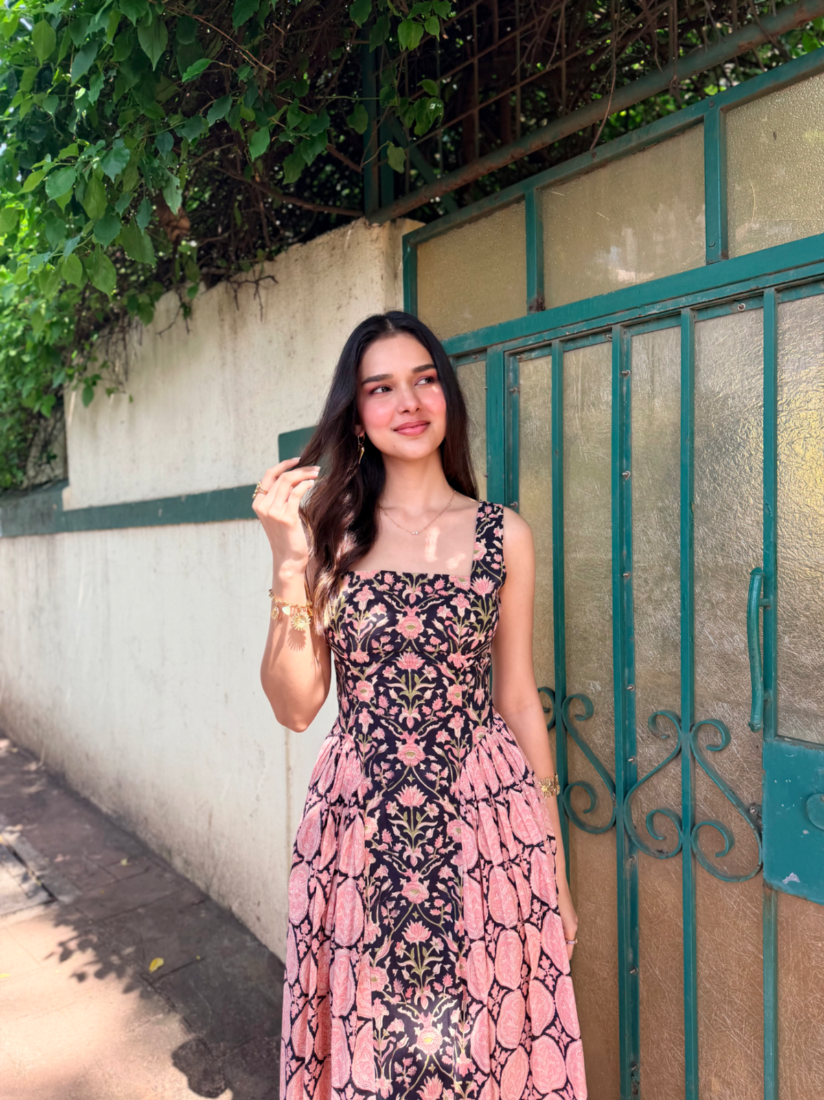 Black & Pink Floral Cotton Maxi Dress with Back Tie-Up & Side Zipper
