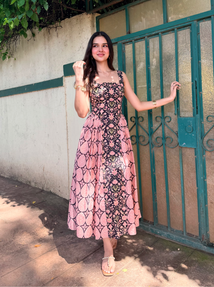 Bright Pink & Sea Blue Floral Cotton Maxi Dress