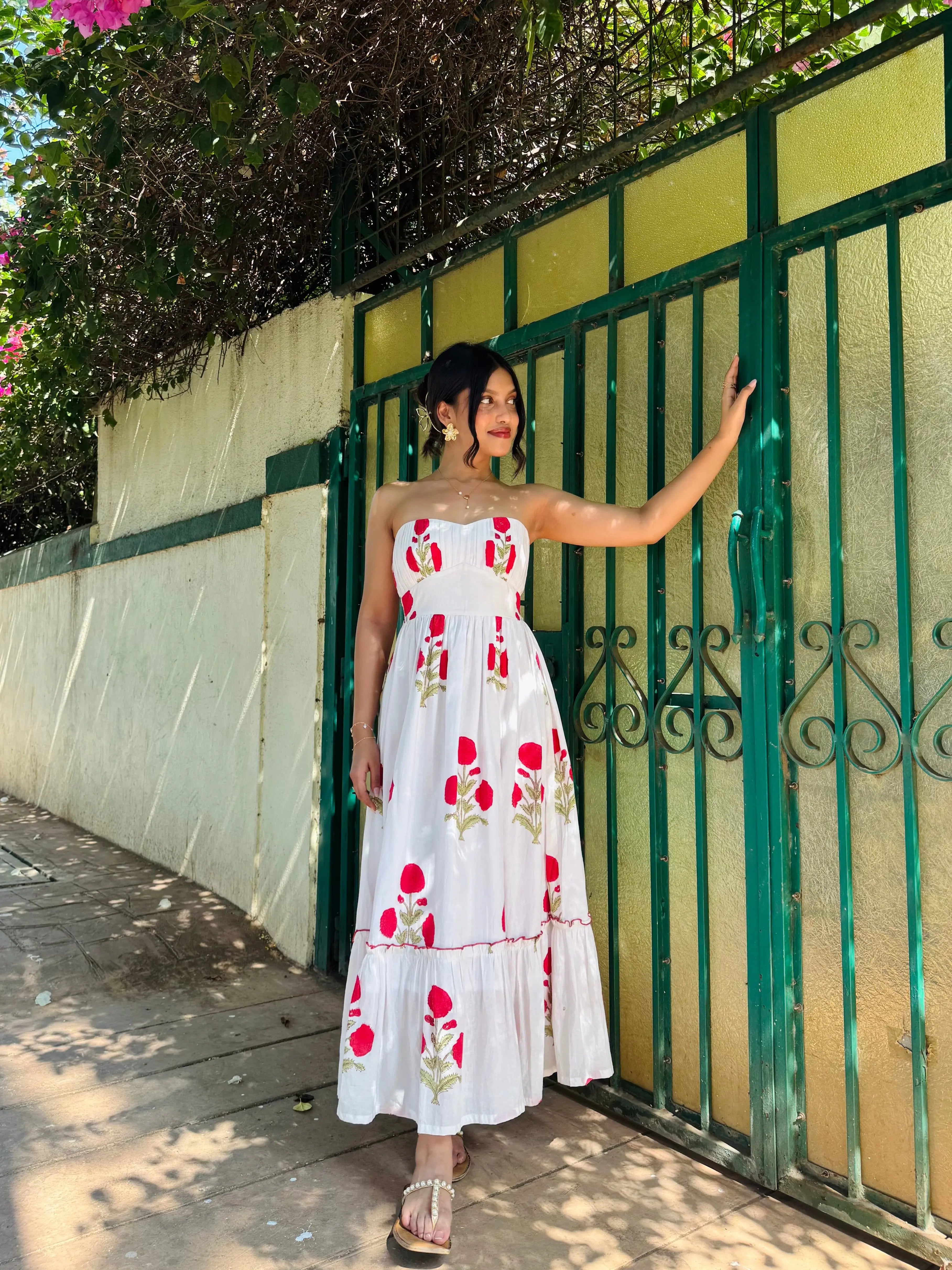 White & Red Floral Hand Block Printed Tube Maxi Dress