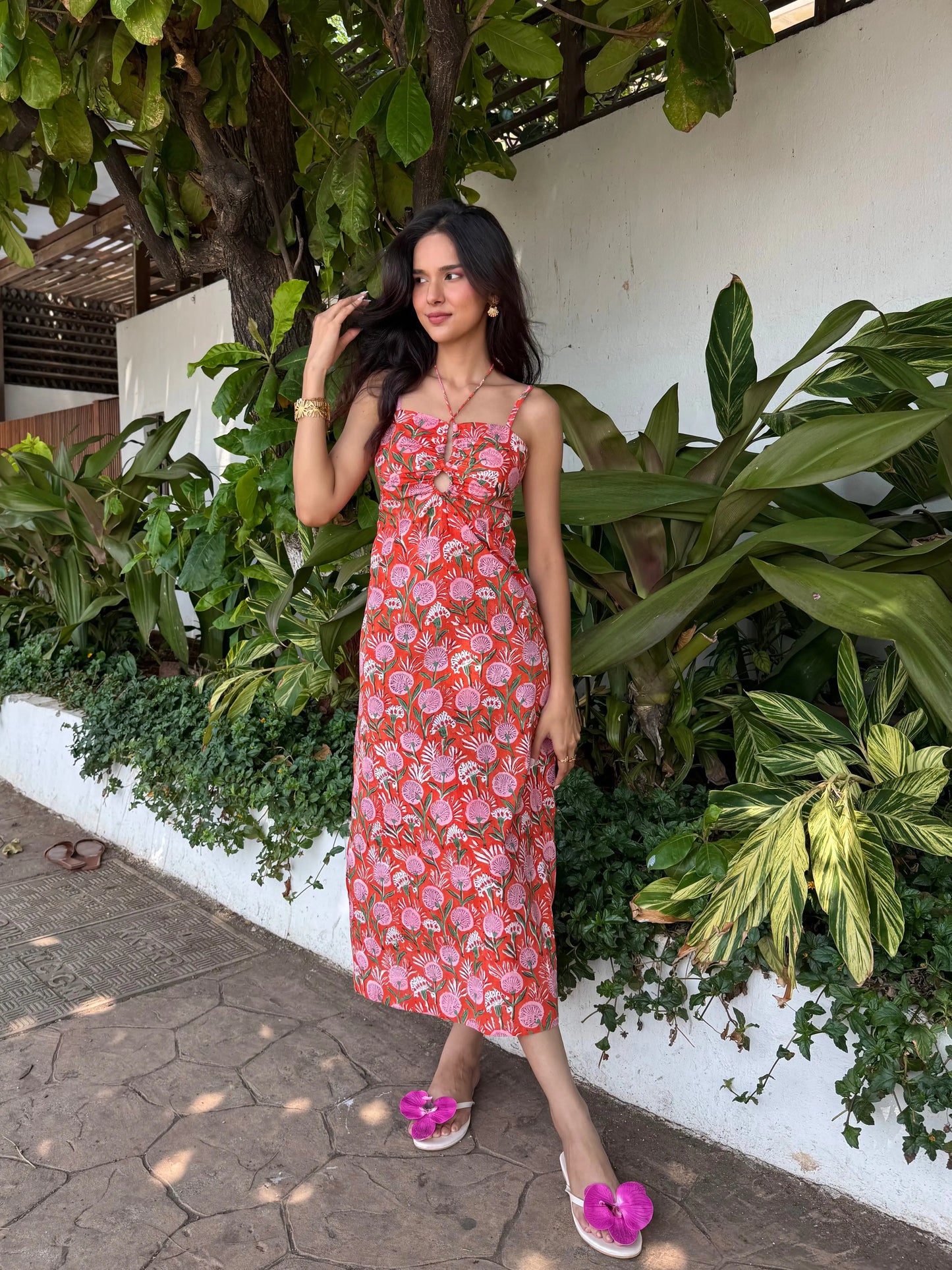 Orange & Pink Floral Hand Block Print A-Line Maxi Dress with Adjustable Straps Spring Summer - 25