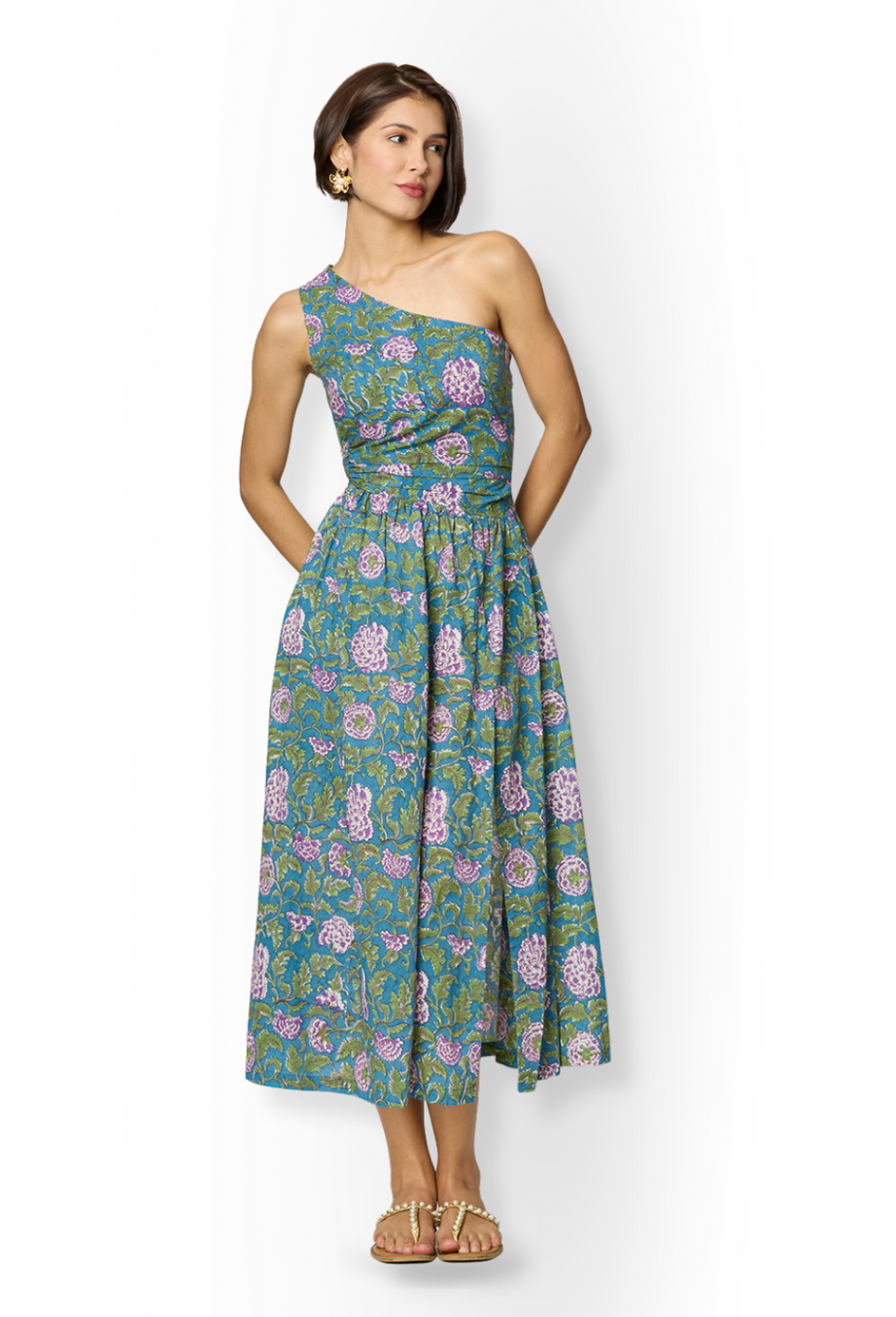 Asymmetrical Blue & Green Floral Slit Dress