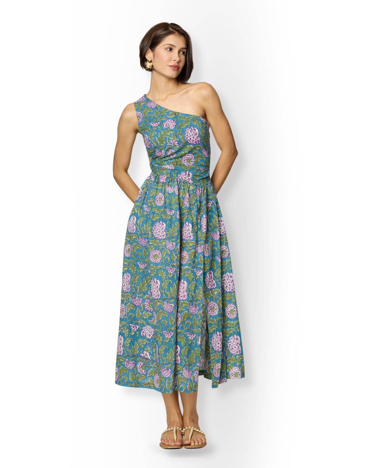 Asymmetrical Blue & Green Floral Slit Dress