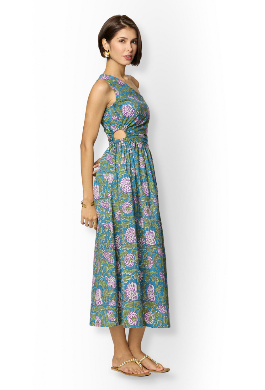 Asymmetrical Blue & Green Floral Slit Dress