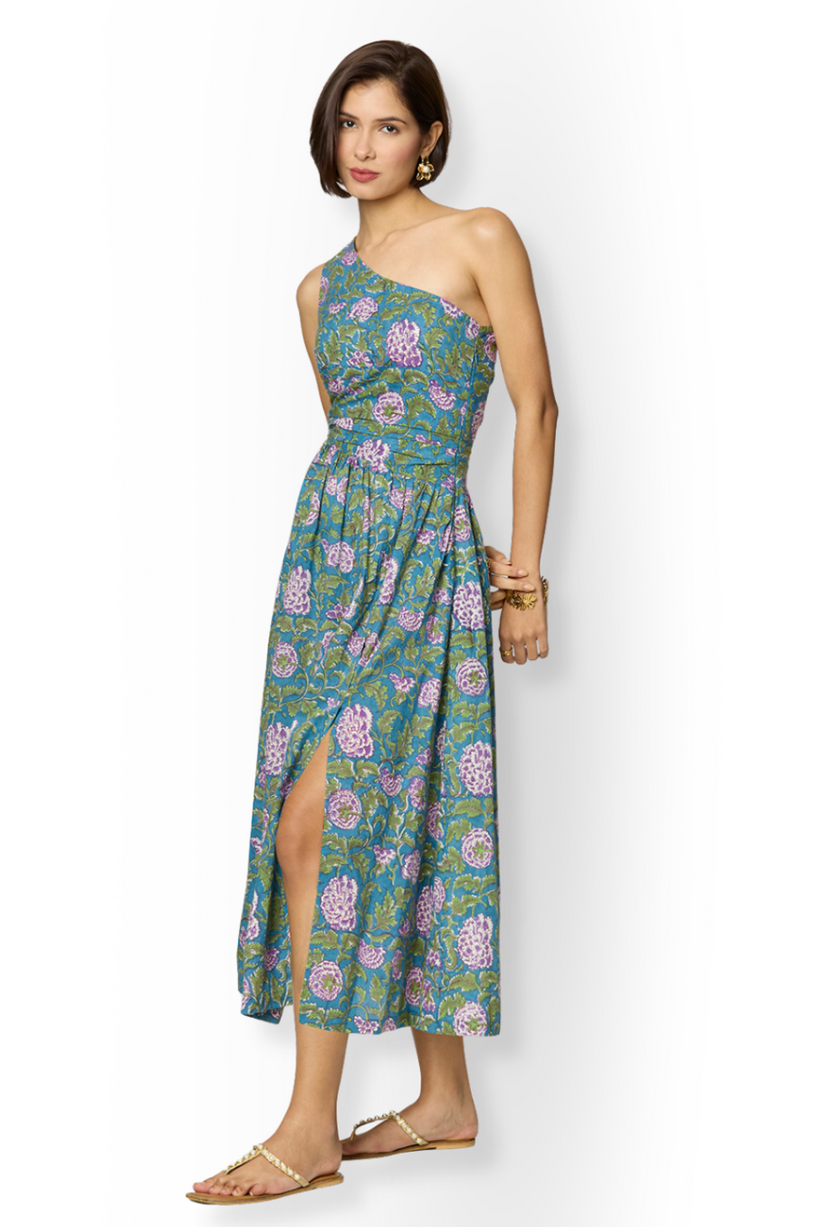 Asymmetrical Blue & Green Floral Slit Dress