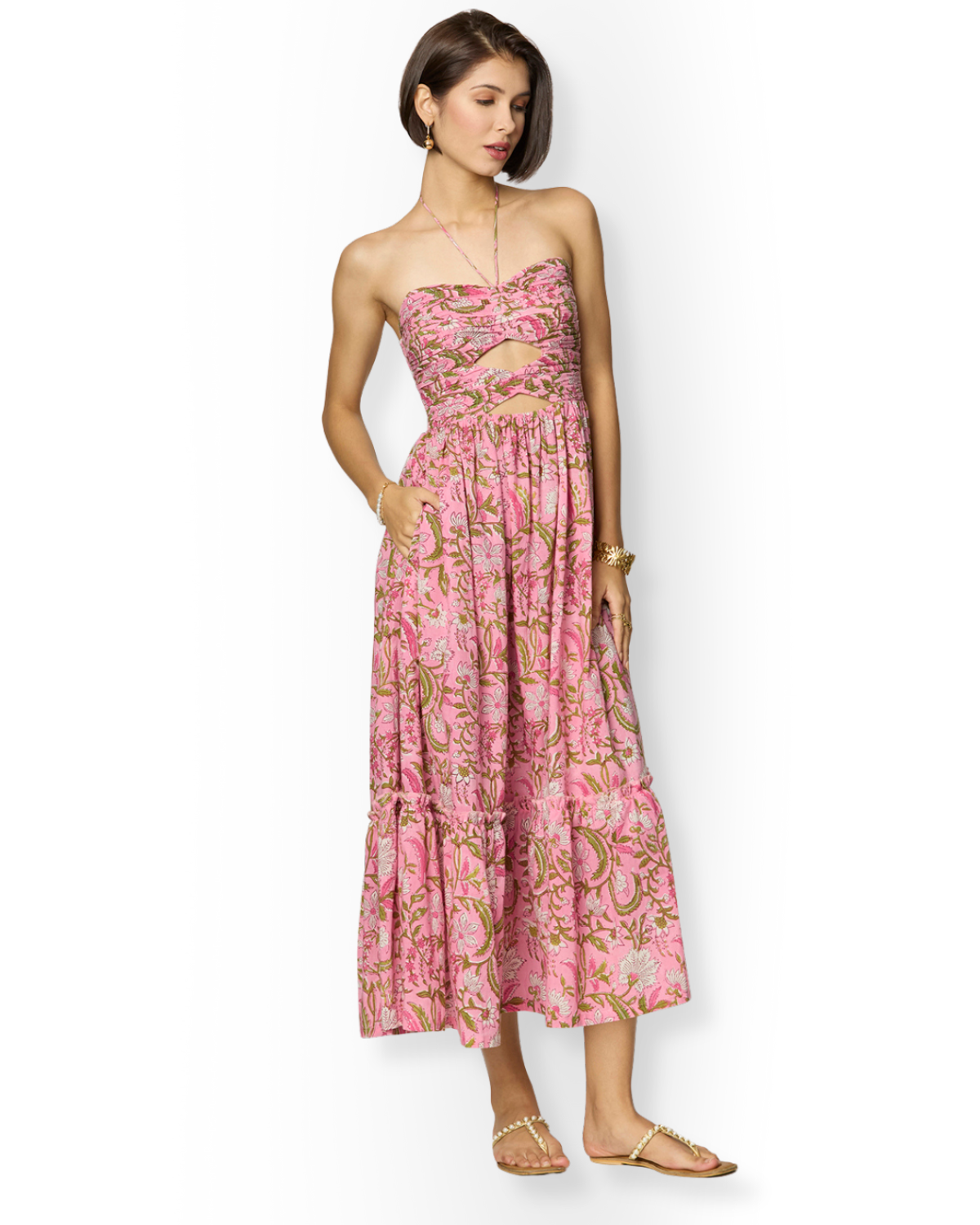 Pink and Green Floral Printed Maxi Dress with Front Cut-Outs