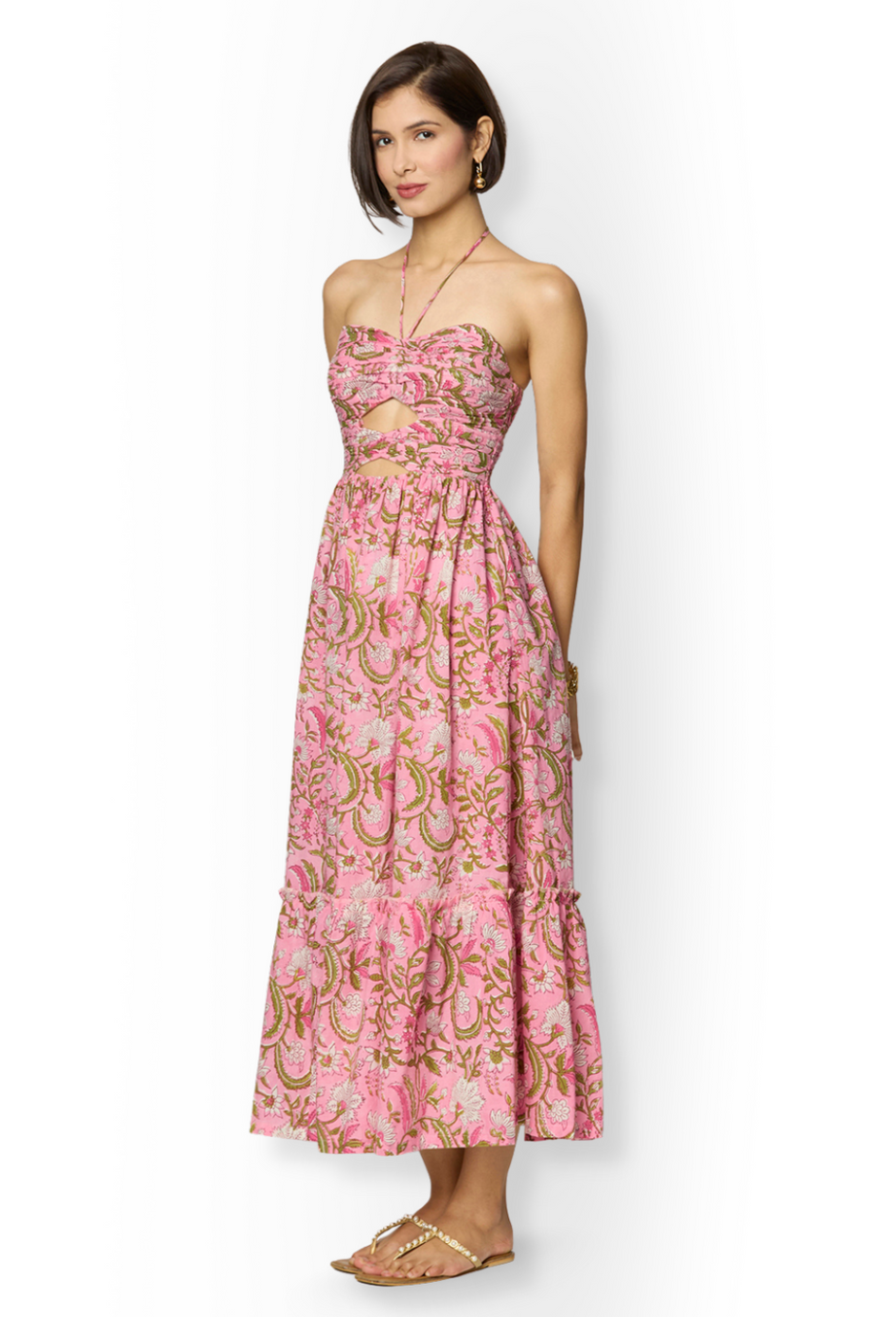Pink and Green Floral Printed Maxi Dress with Front Cut-Outs