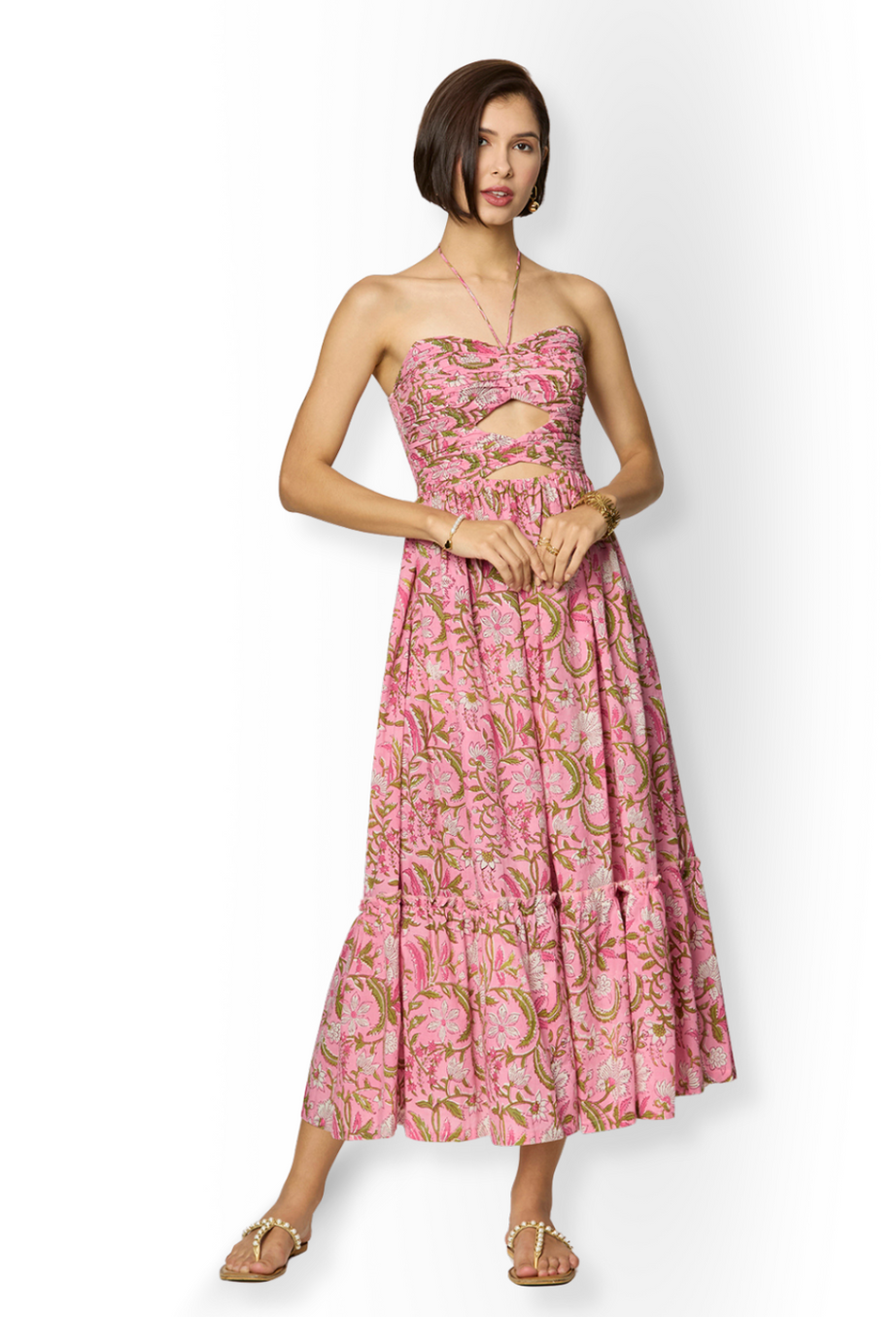 Pink and Green Floral Printed Maxi Dress with Front Cut-Outs