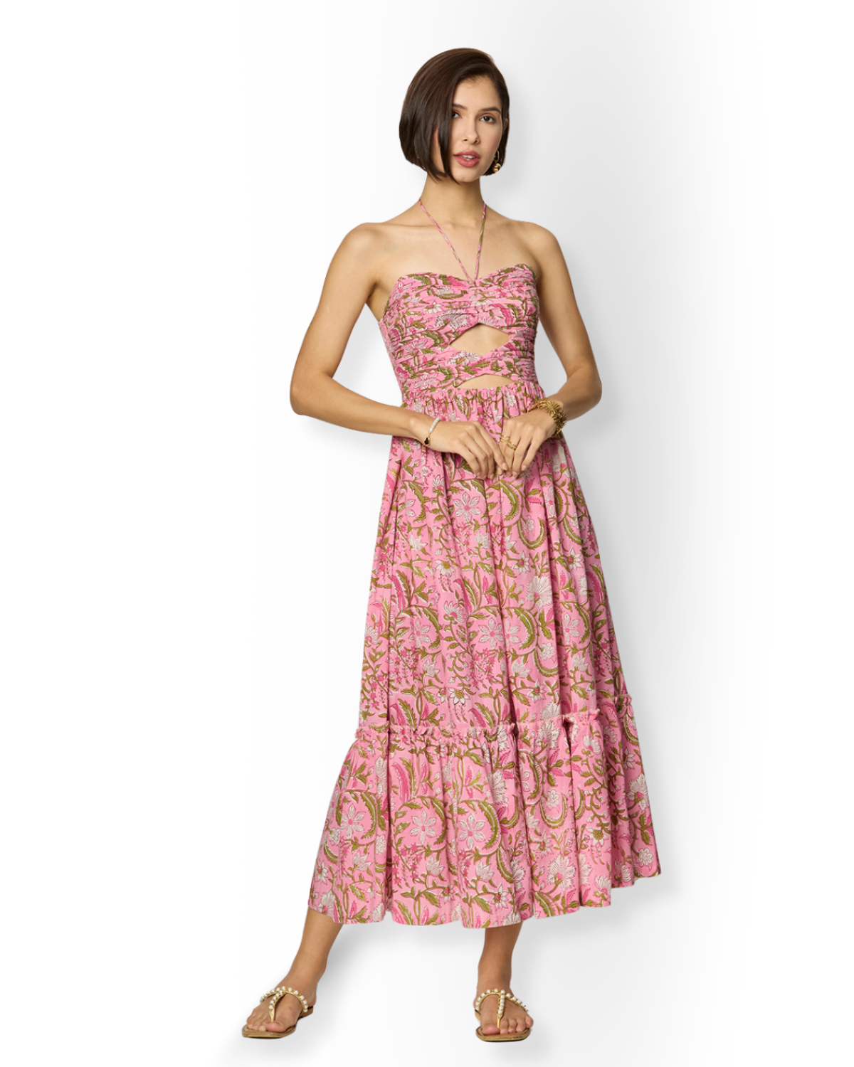 Pink and Green Floral Printed Maxi Dress with Front Cut-Outs